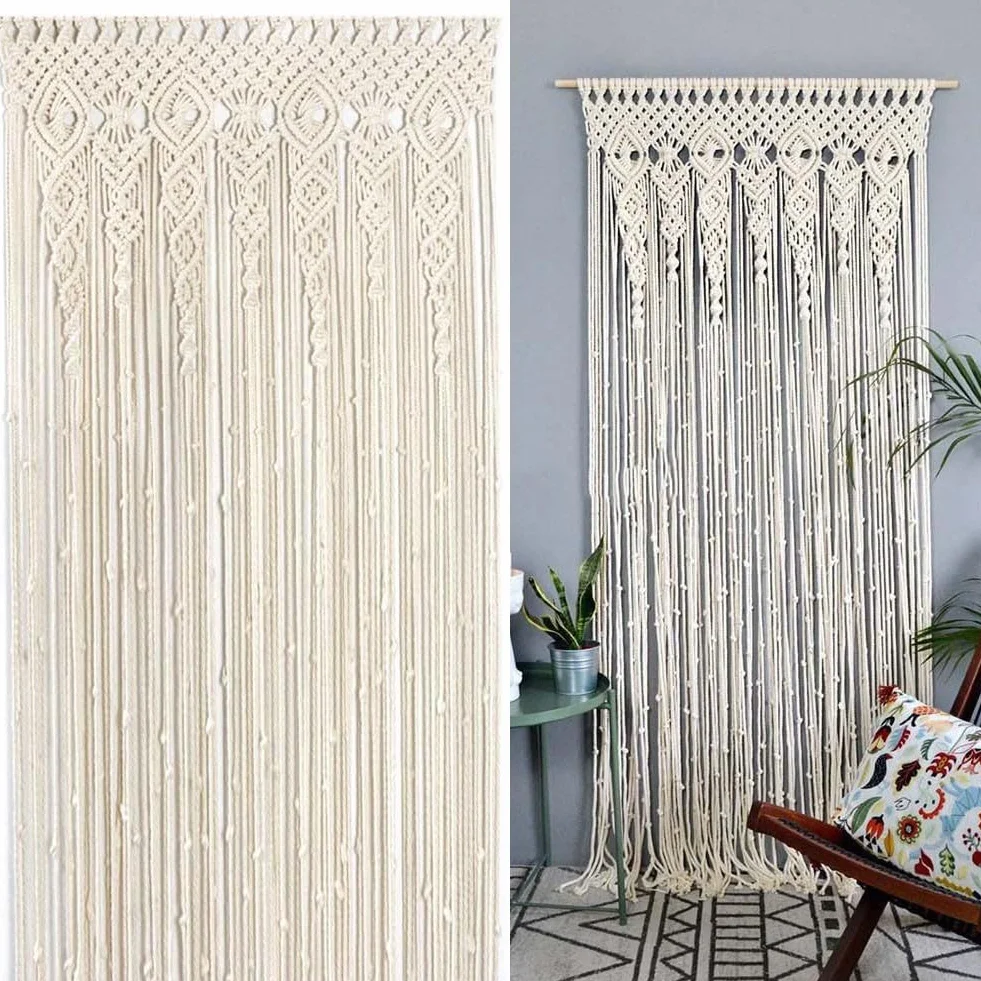 Cortina de macramé tejida a mano para puerta, divisor de habitación, panel de ventana, panel de ventana, bohemio, para colgar en la pared para sala de estar, dormitorio, telón de fondo de boda