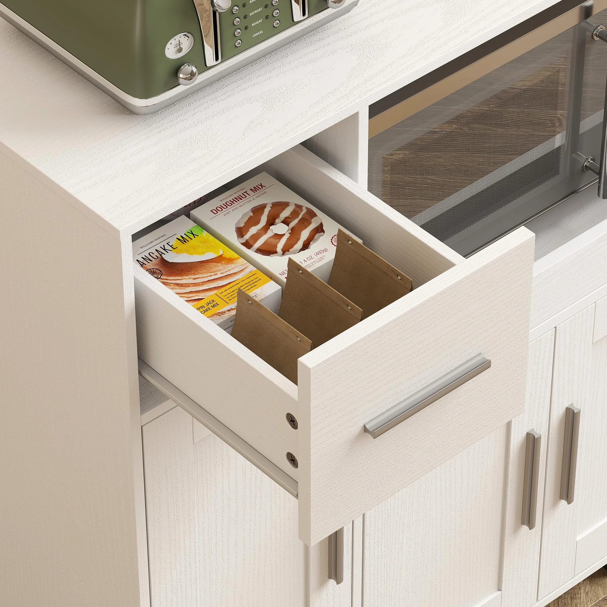 HOMCOM Mueble Auxiliar de Cocina con Ruedas, Aparador de Cocina para Microondas con Bandeja Deslizante, Cajón, 3 Puertas, Estante Ajustable y Orificio para Cables, para Salón, 80x40x88,7 cm, Blanco