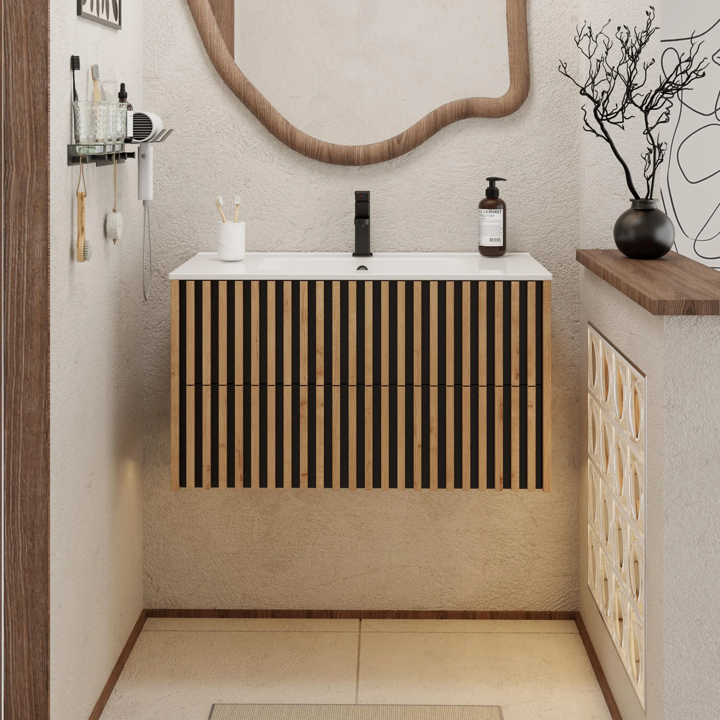 UEV 90CM Mueble de Baño Suspendido con Lavabo de Cerámica, Mueble Lavabo Incluido con 2 Cajones para Almacenaje, Moderno y Práctico, Natural