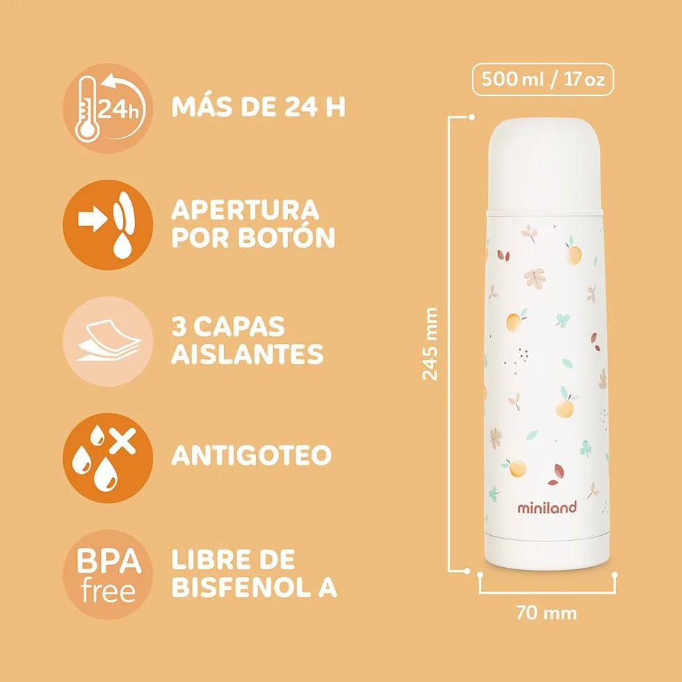 Miniland Termo Bebé para Líquidos 500ml de Acero Inoxidable, Mantiene Temperatura más de 12h Frío y Calor, Cierre Hermético y Sistema Antigoteo | Valencia