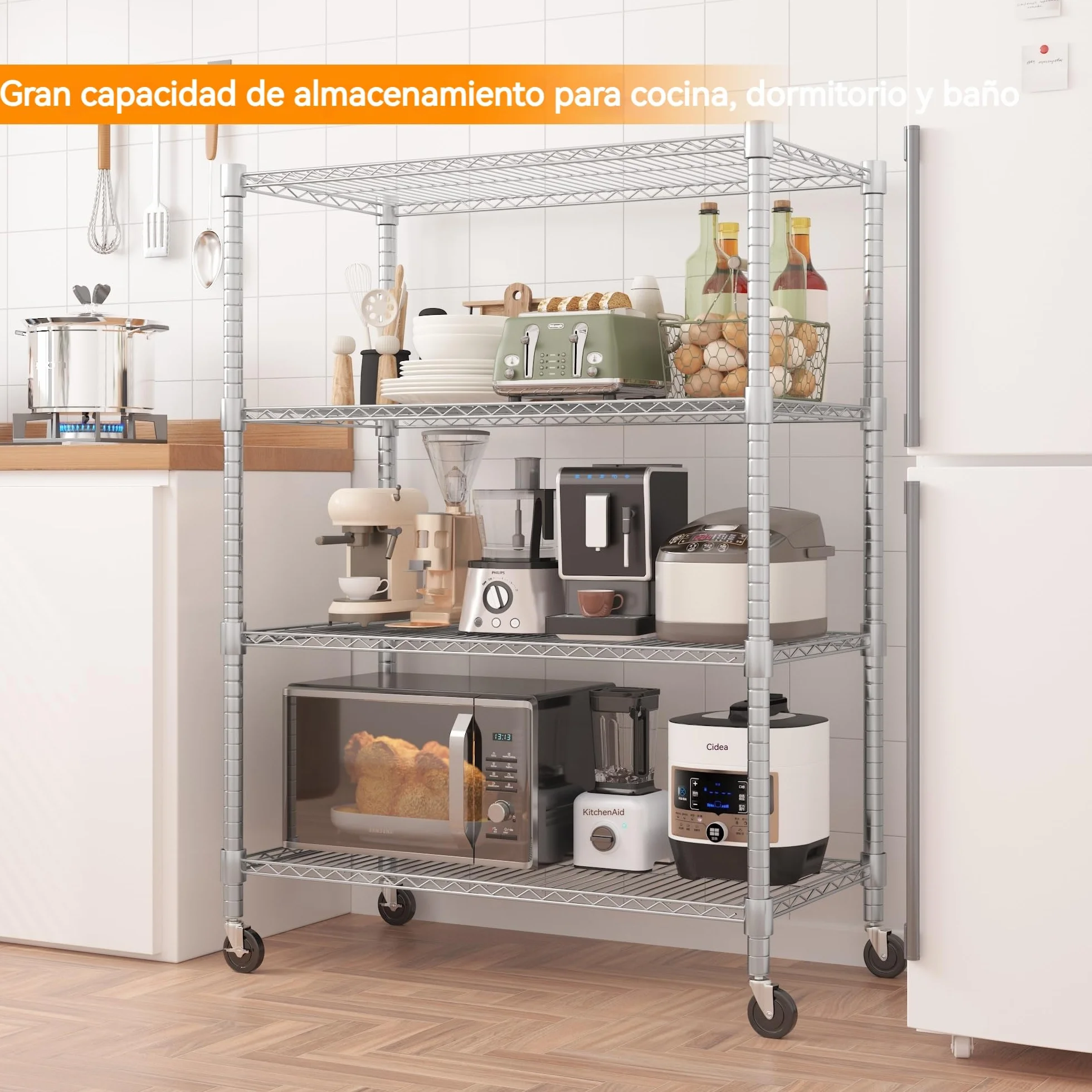 Himimi Estantería de Alambre 4 Niveles con Ruedas, Altura Ajustable, 500 kg, 90x45x183 cm