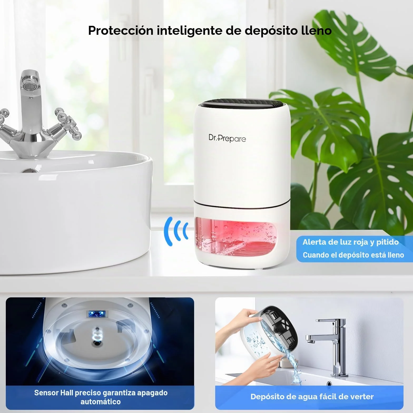 Dr.Prepare Deshumidificador 1L Silencioso Deshumidificador Portátil Pequeño con Luz LED Temporizador 2/4/8 H Apagado Automático para Dormitorio, Baño, Armario, Autocaravana
