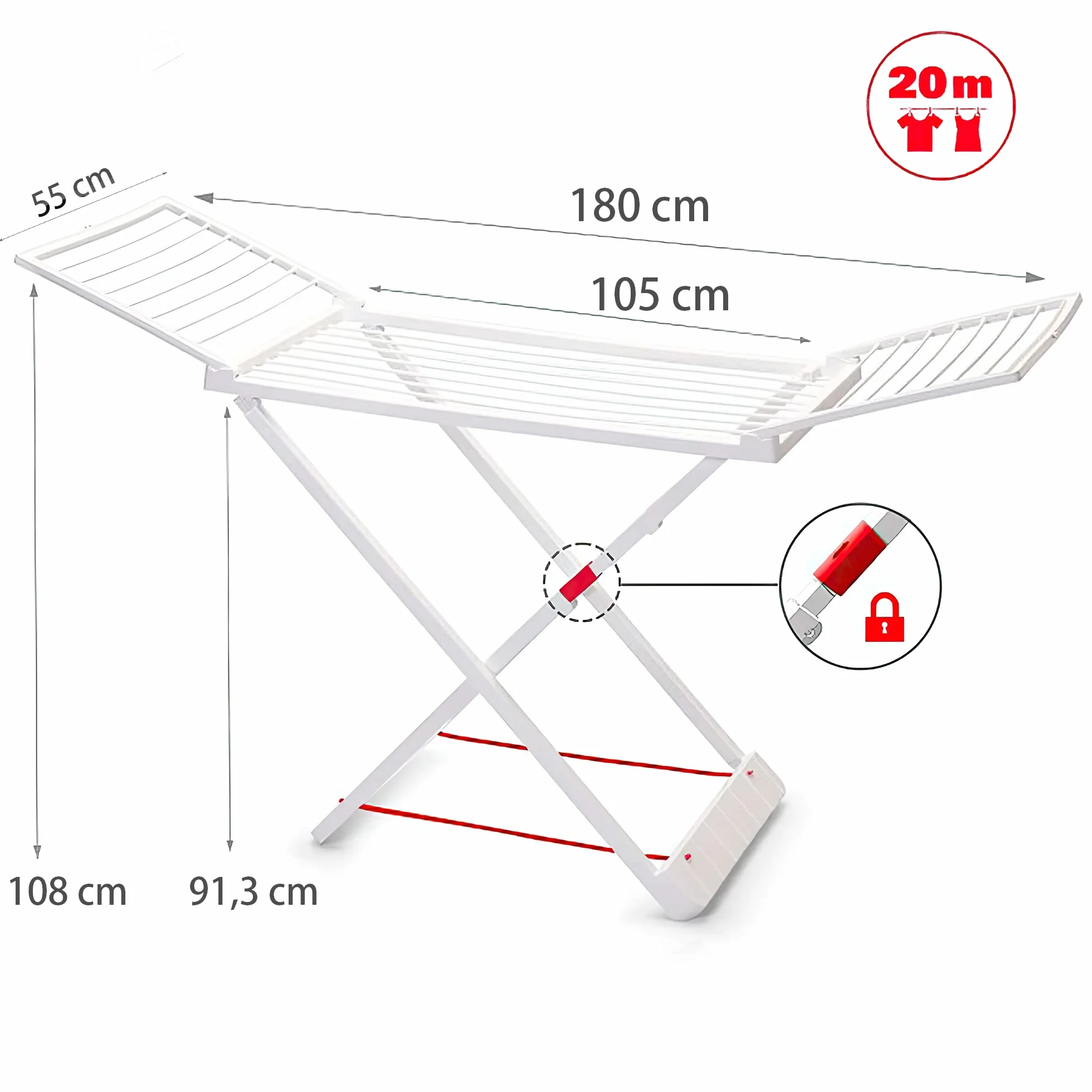 ForenTex Tendedero Plegable de Resina 20 m Alas Bloqueo Seguridad Resistente Sol Blanco