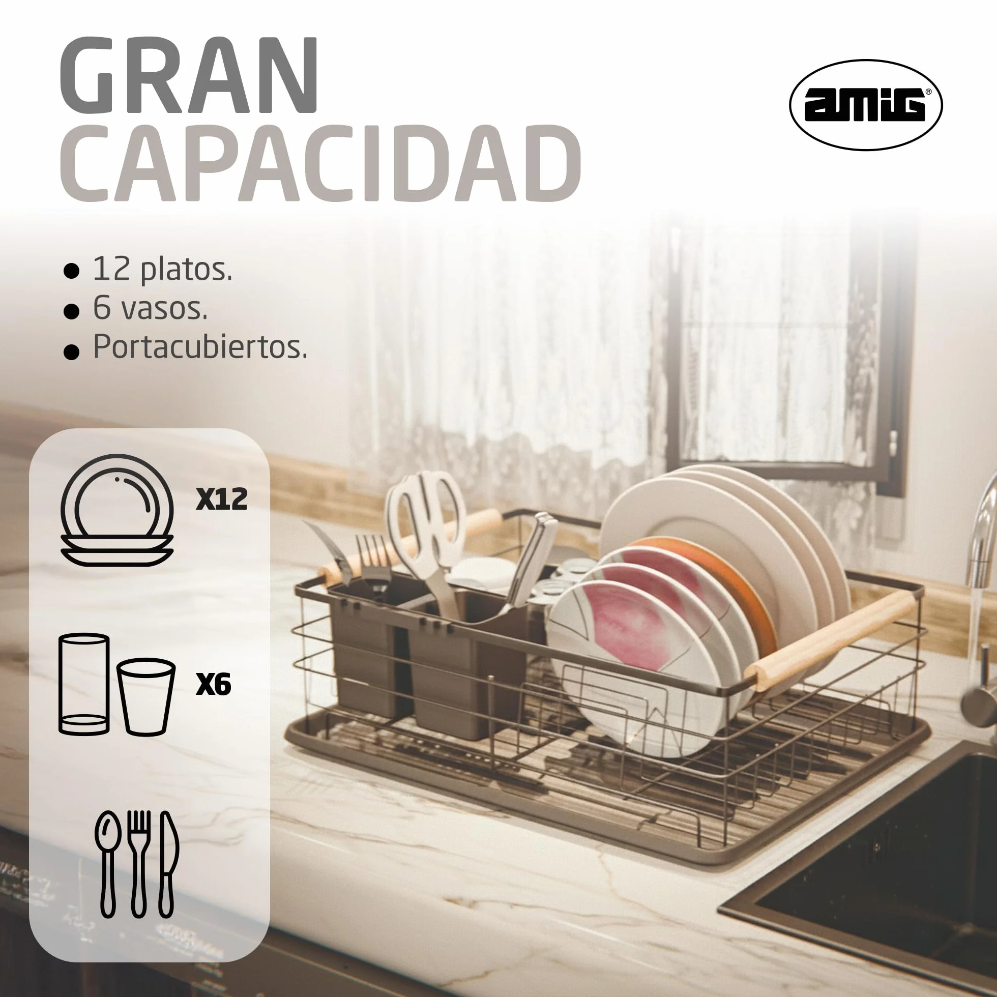 Amig - Escurreplatos Graz II Negro - 42 x 31,5 x 15 cm - Acero con Mango de Madera - Color Negro - Escurreplatos con Bandeja de Goteo y Soporte para Cubiertos - Capacidad 10 Platos y 6 Vasos