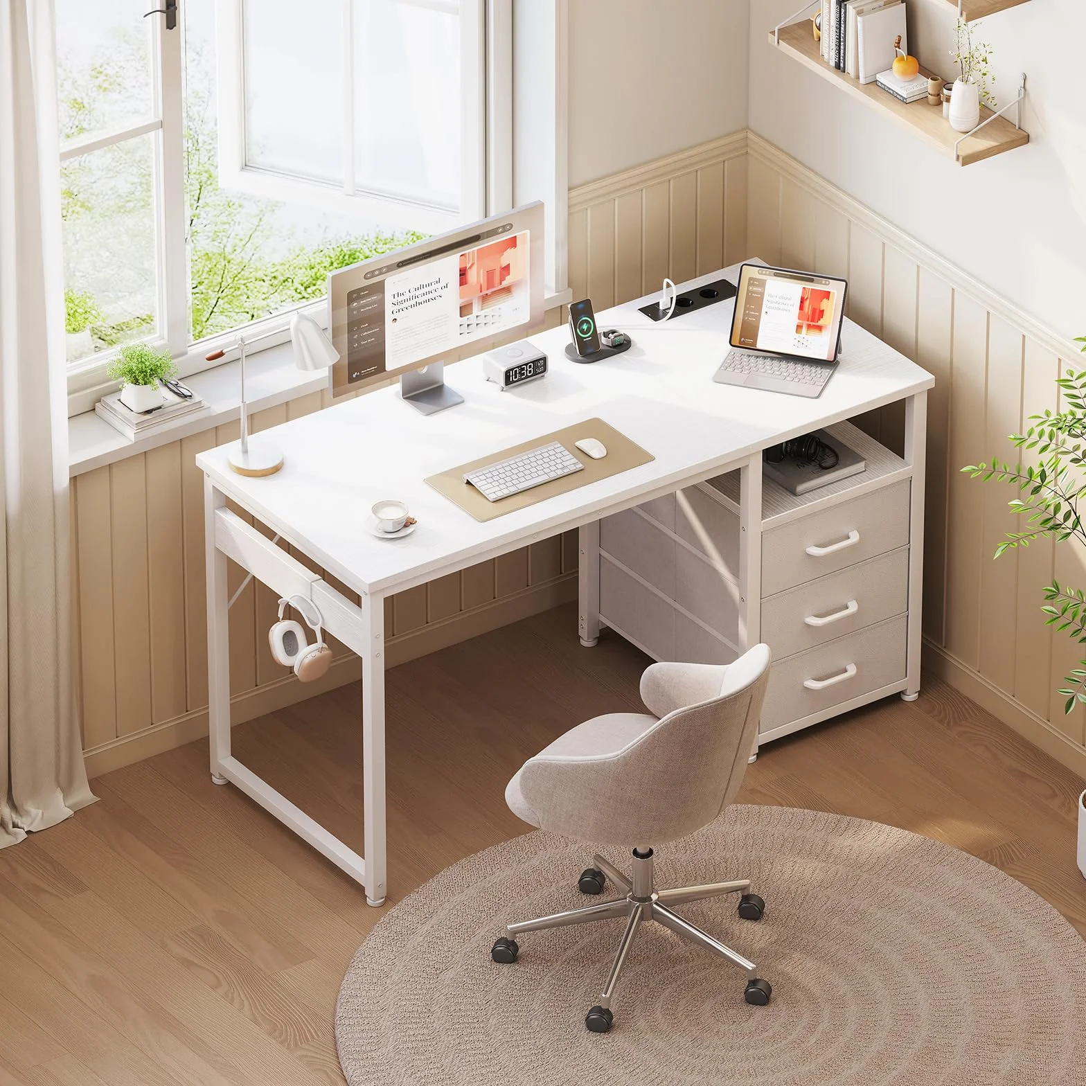 ODK Escritorio con 3 Cajones de Tela, 100x48cm Mesa de Ordenador con Estantes Escritorio Oficina con Puerto y Toma de Carga USB para Oficina, Salón, Hogar, Blanco