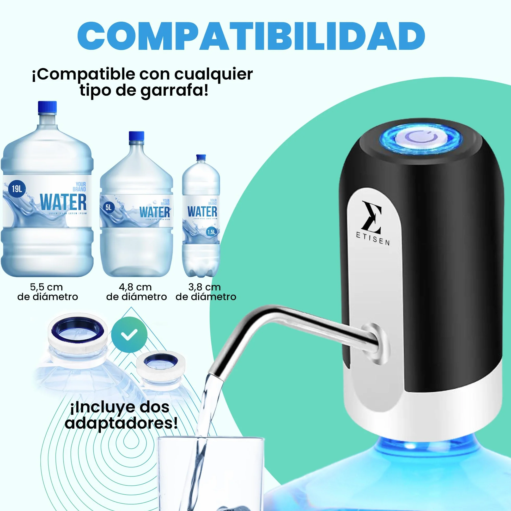 Dispensador de Agua, Grifo eléctrico para garrafas de Agua fría, Bomba dosificadora con Dos adaptadores. 5.7L, 10L, 11.3L, 15L, 18.9L.