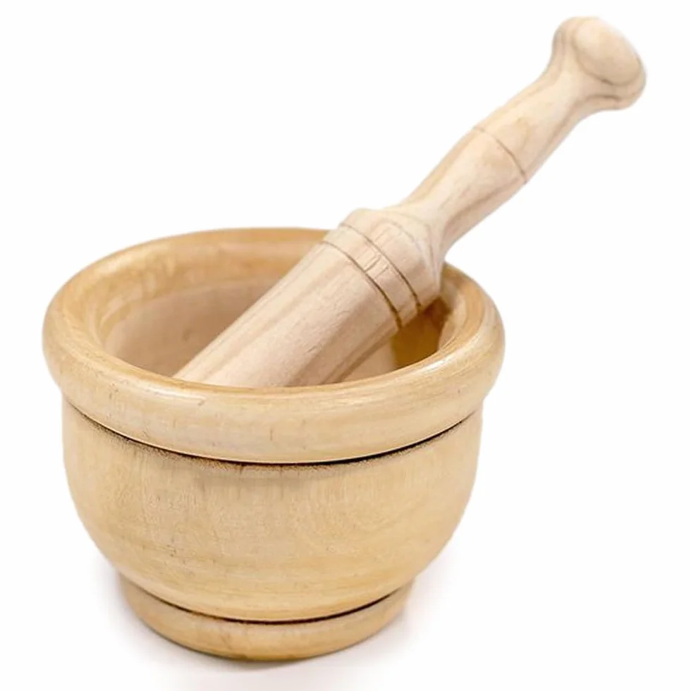 MGE - Juego de Mortero y Mazo - Mortero de Madera - Mortero de Cocina - Mortero de Cocina para Triturar Especias - Molinillo Manual de Ajo, Hierbas - Triturador de Especias - Madera - 14 cm