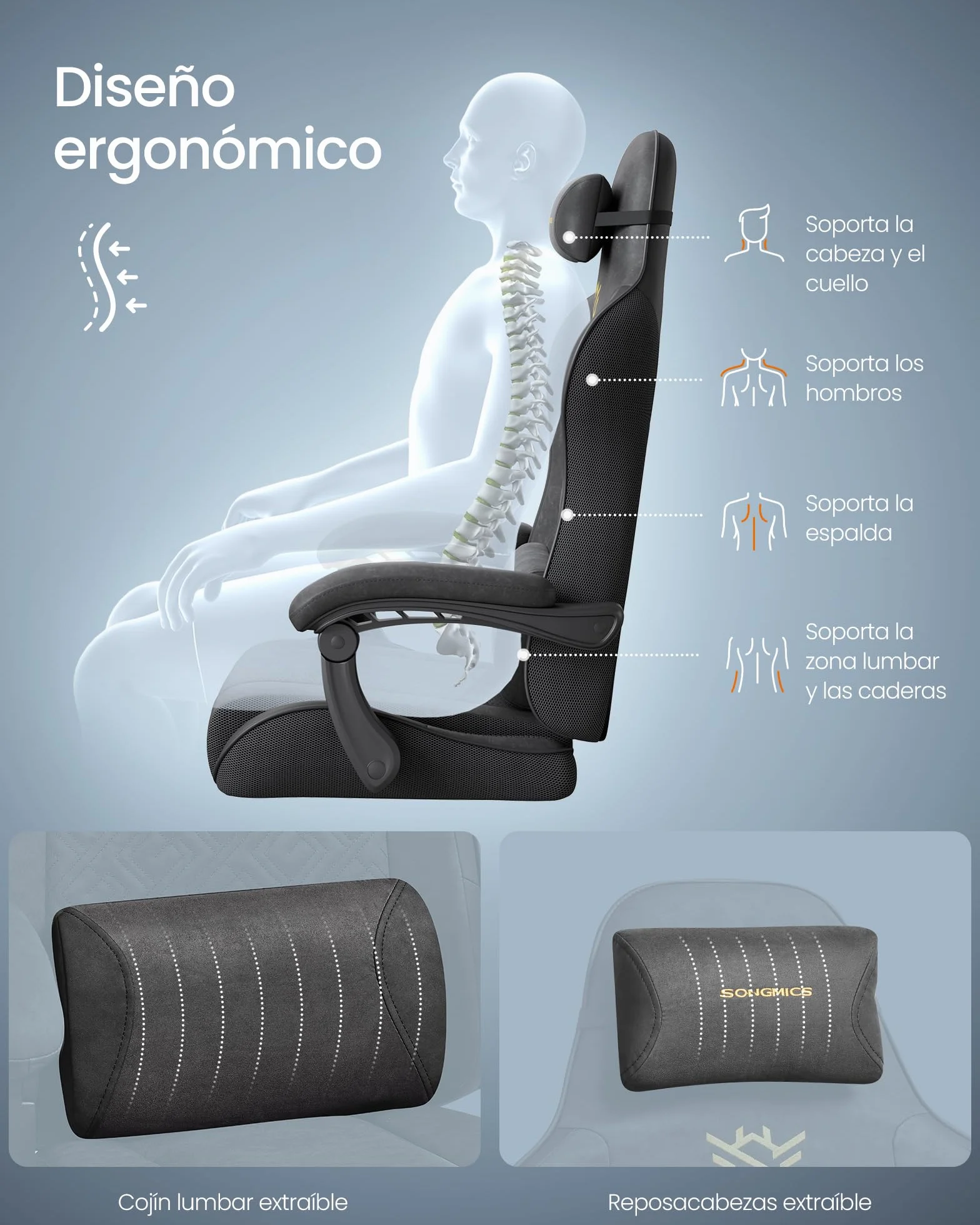 SONGMICS Silla Gaming Ergonómica de Escritorio con Resortes Reposapiés Reposabrazos Negro Tinta