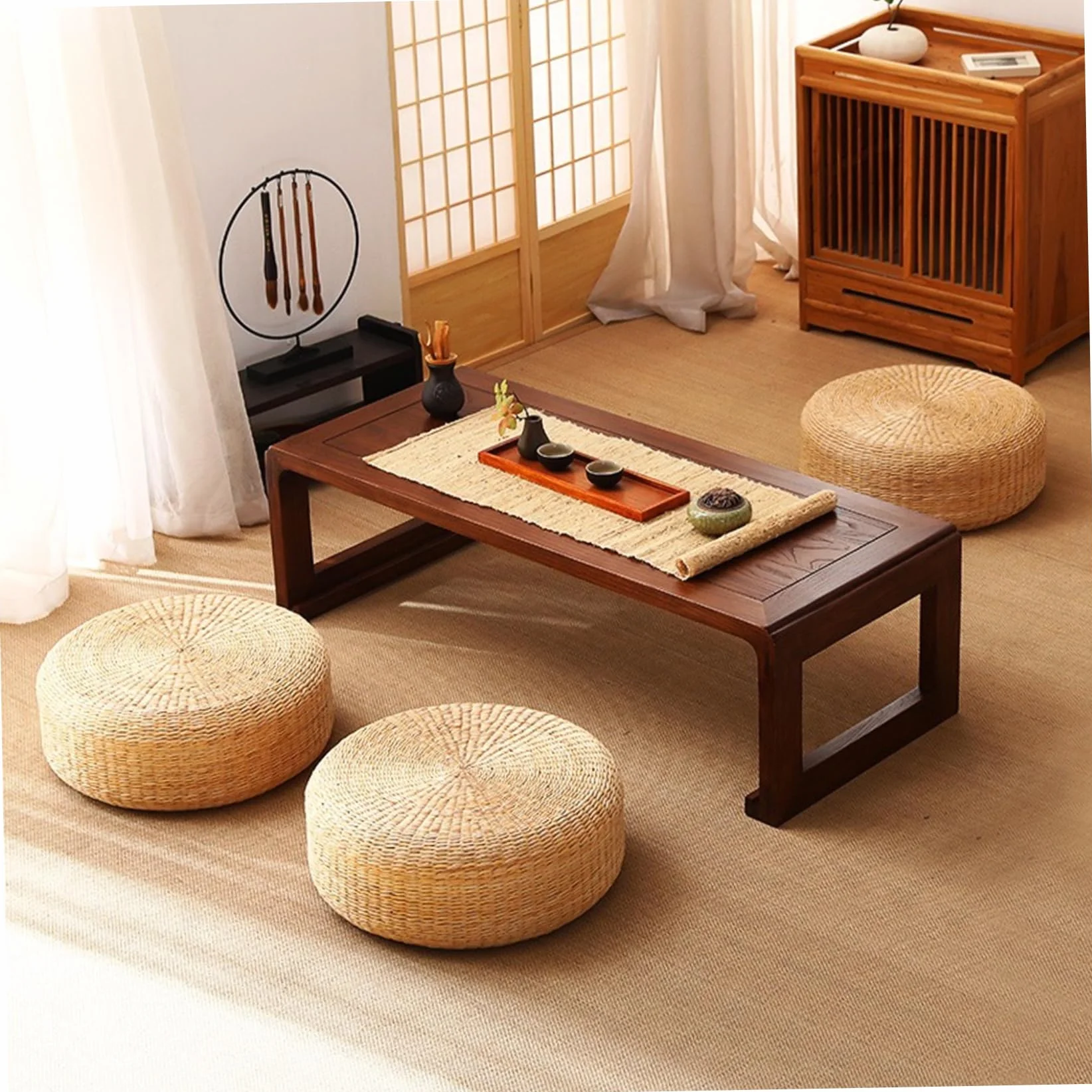 Cojín de Suelo de Tatami 16 Pulgadas Cojines Tejidos Naturales para Sentarse Meditación Adultos Sala