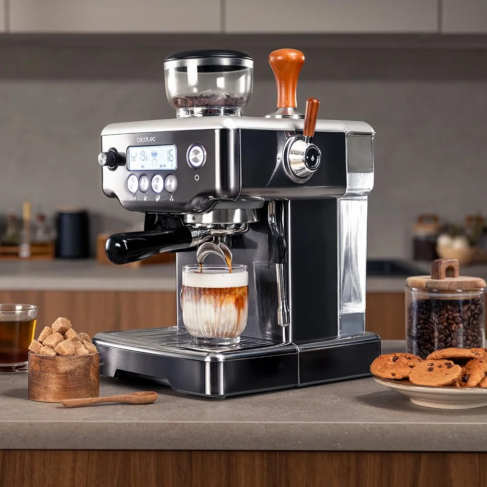 Cecotec Cafetera Express Barista Power Espresso 20 Barista Steel & Grind. 2200W, 20Bares, Molinillo Cónico, 2.1L Depósito Agua, 180g Café, 30 Niveles, Thermoblock, Doble Brazo, Accesorios Incluidos