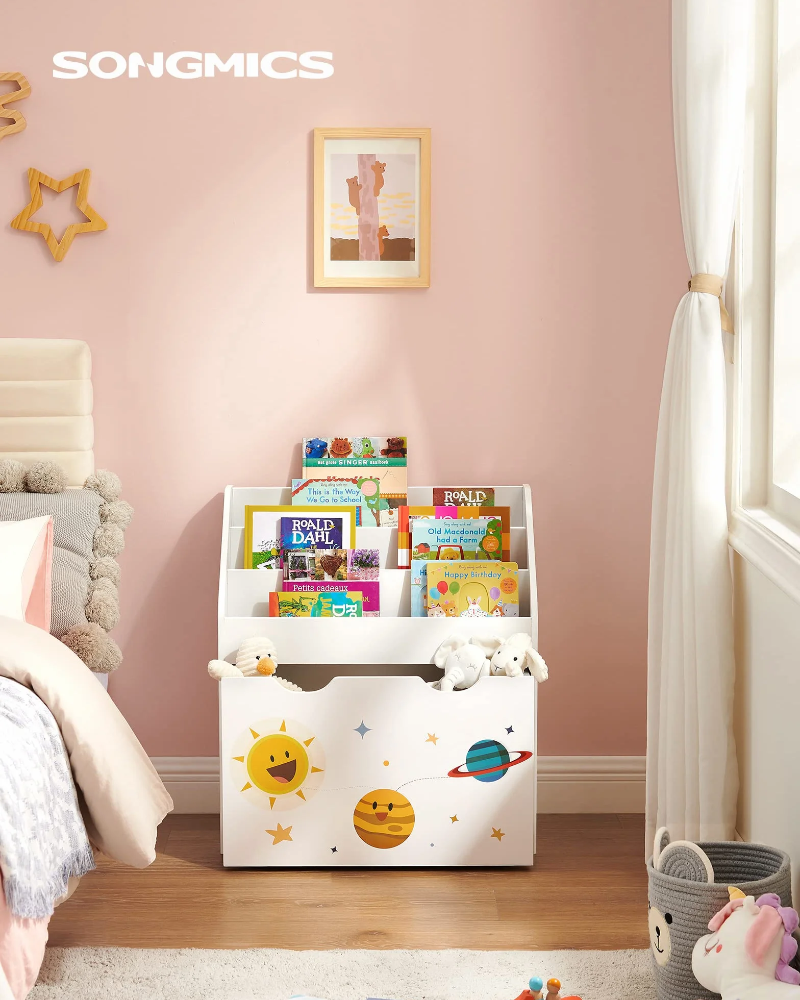 SONGMICS Estantería de Juguetes con 3 Compartimentos, Librería Infantil, Caja Móvil con Ruedas, Blanco GKR41WT