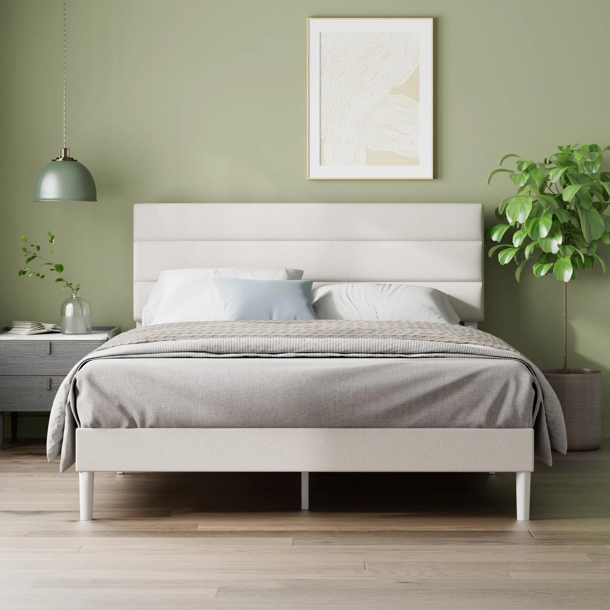 Zinus Piper Somier 135x190 cm - Altura 30 cm - Base Cama Matrimonio Tapizada con Cabecero - Láminas de Madera - Montaje Fácil- Blanco Roto