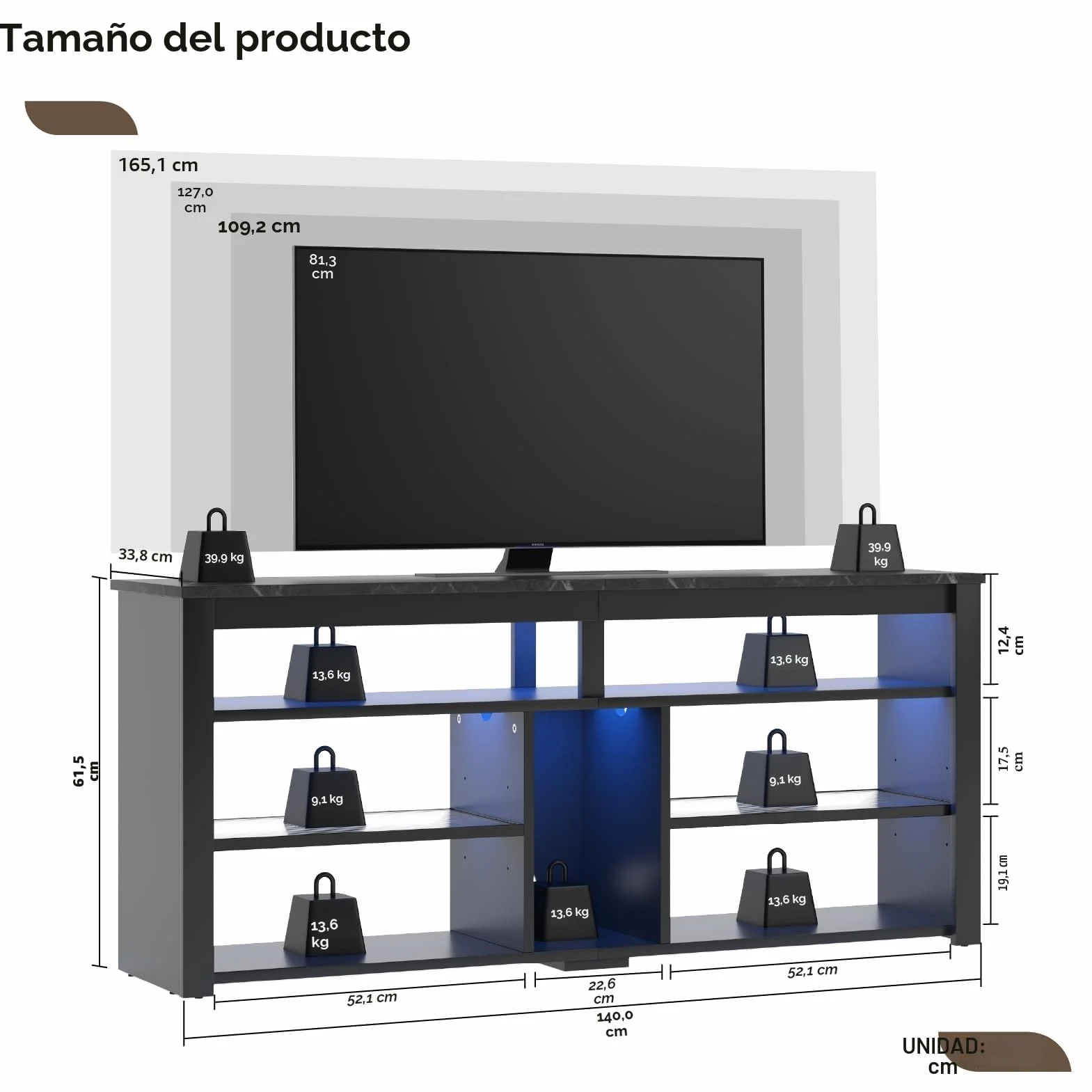 Bestier Mueble de TV Alto para televisores de 65", Soporte para TV con Almacenamiento para PS5, Consola de TV LED con Estante Ajustable para Sala de Estar, mármol Negro