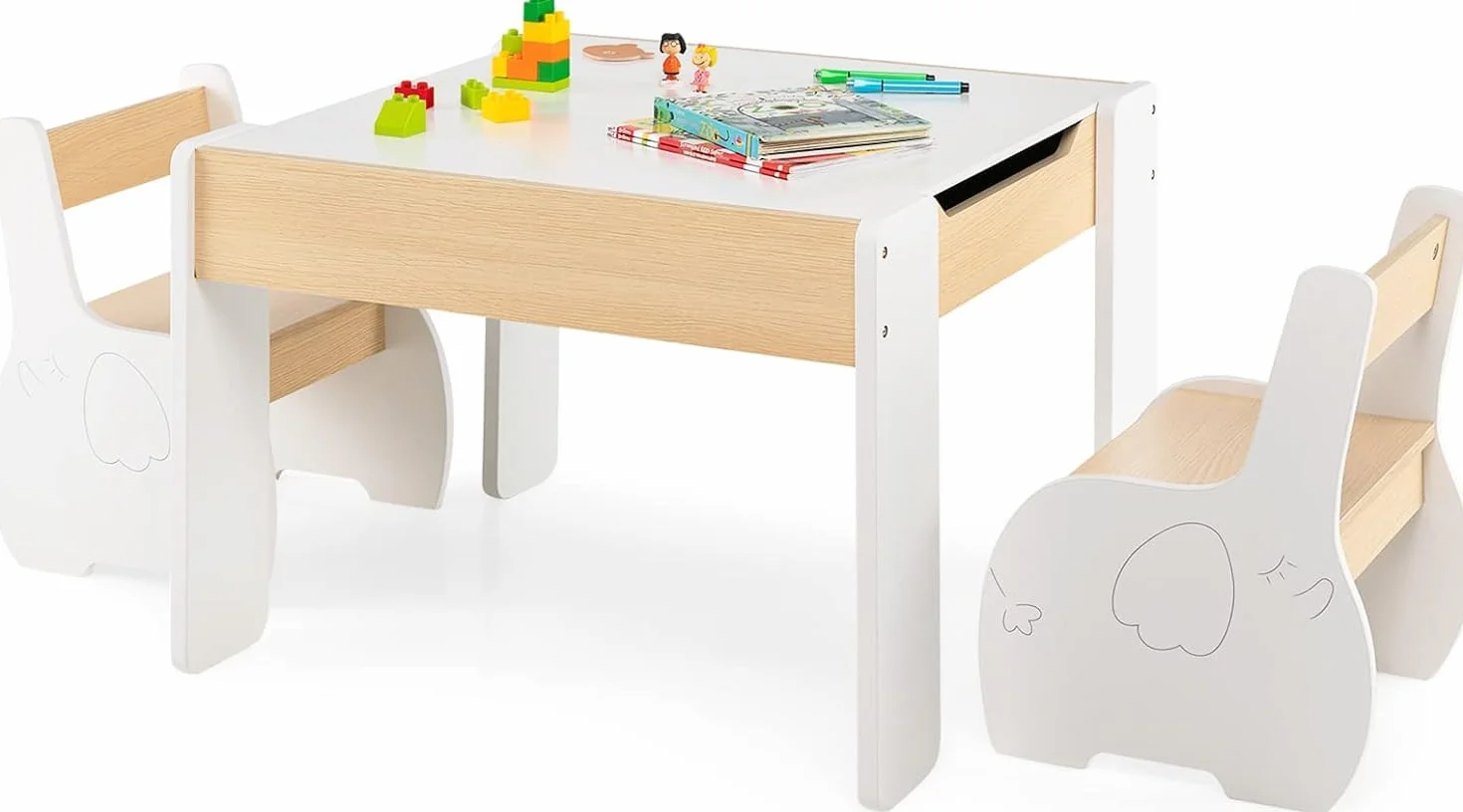 RELAX4LIFE 4 en 1 Juego de Mesa y 2 Sillas Infantil con Pizarra, Pizarra Blanca y Espacio Almacenamiento, Mesa Reversible con Tablero Extraíble para Dibujar, Pupitres para Niños 3-6 Años (Blanco)