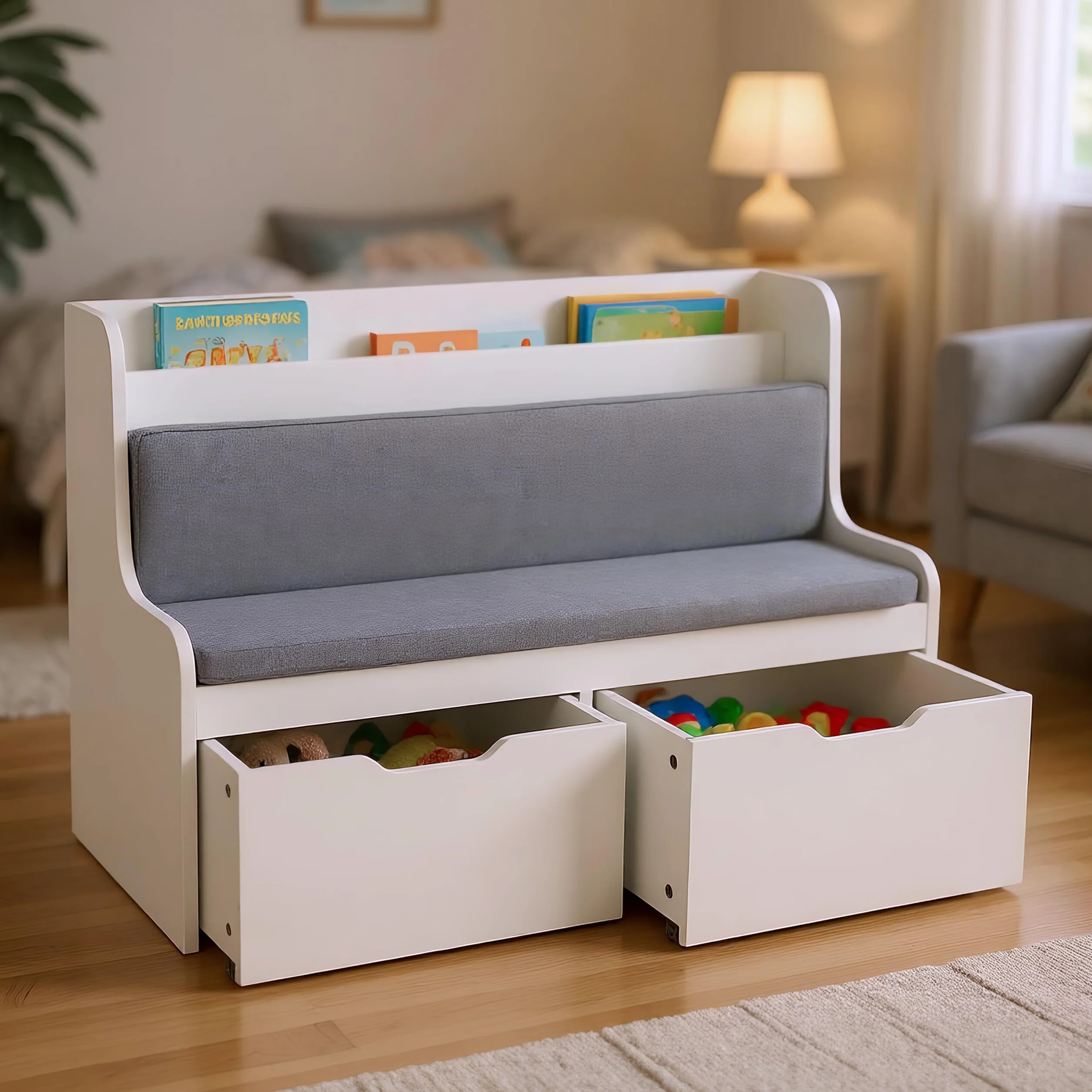Relaxdays Banco Infantil con Almacenamiento 70x100x45 cm Blanco Gris