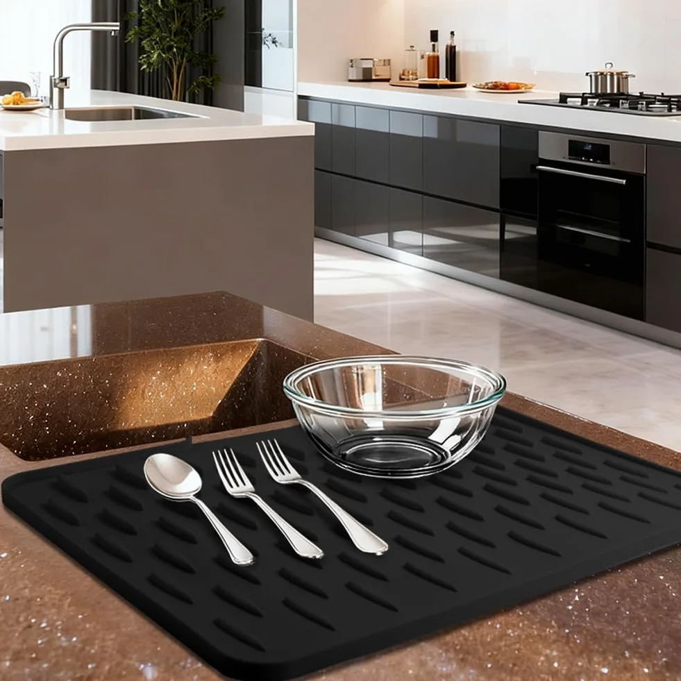Vicloon Alfombrilla Escurreplatos de Silicona,Bandeja Escurreplatos con Salida de Drenaje,Grande Alfombrilla Escurreplatos,Alfombrilla para Secar Platos para Encimeras y Fregaderos de Cocina,Negro