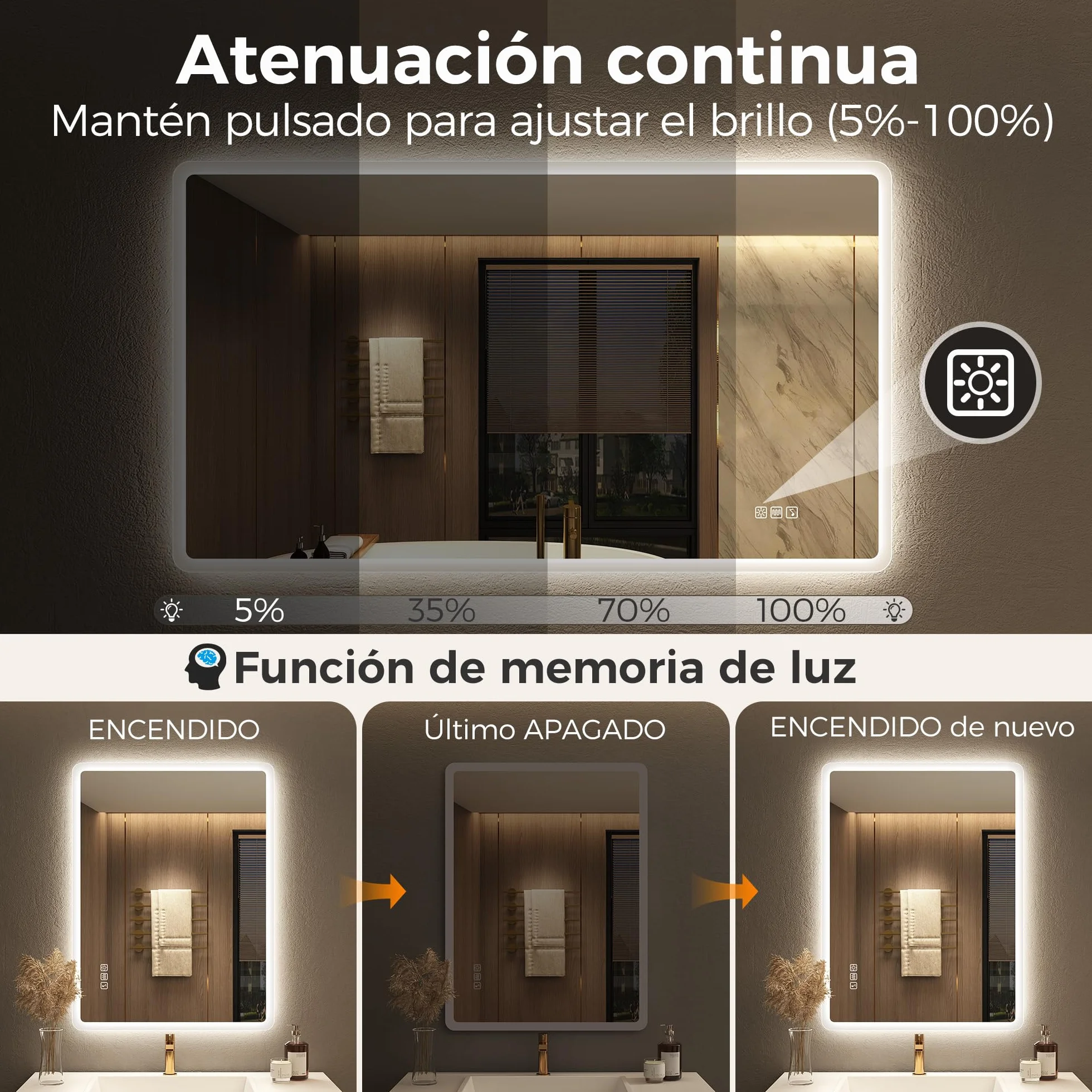 STARLEAD Espejo Baño con Luz Bluetooth 100x70cm LED Antivaho IP44 Vidrio Templado HD