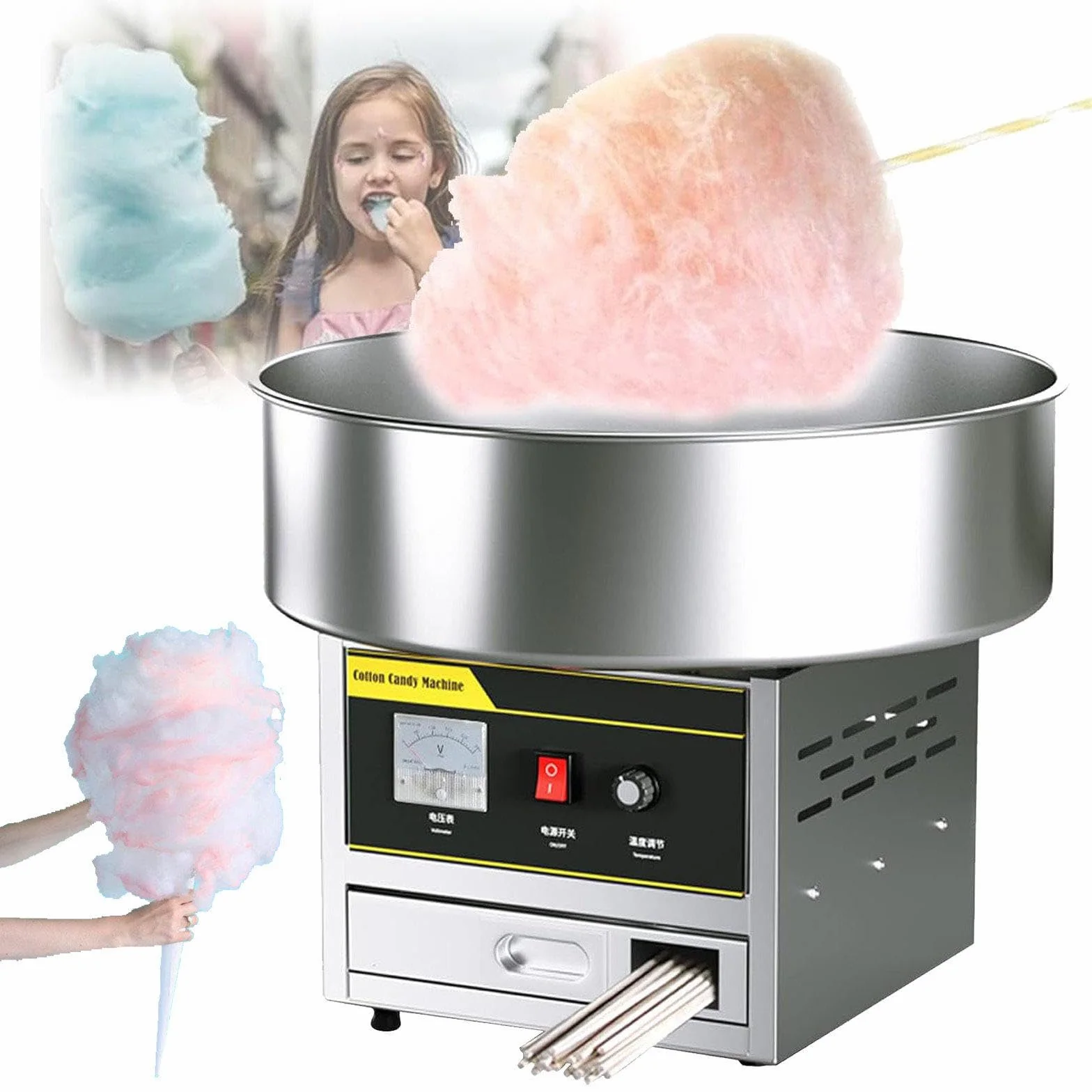 Máquina de algodón de azúcar con Control de Temperatura Continuo para Fiestas Familiares y cumpleaños Infantiles - Diámetro del Recipiente de azúcar: 45 cm