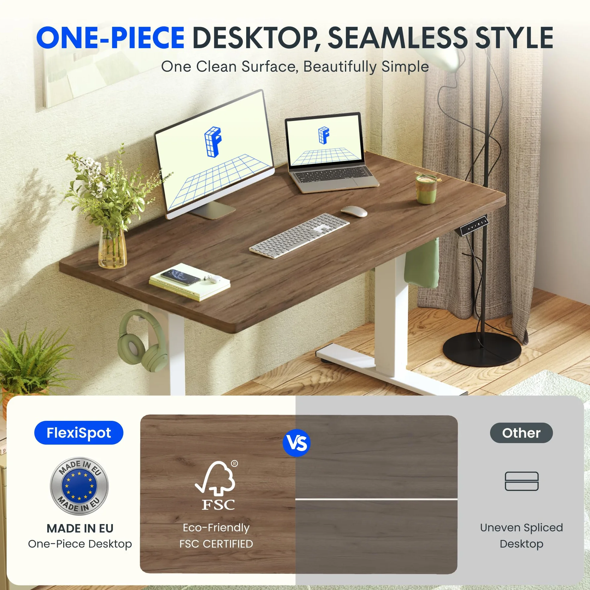 FLEXISPOT Escritorio Elevable Eléctrico con Tablero Acabado de Roble Hecho en UE,140×80cm,Altura Ajustable 71-120cm,Capacidad 80 kg,para Oficina,Trabajo Remoto,Hogar y Empresa,Roble Café + Negro