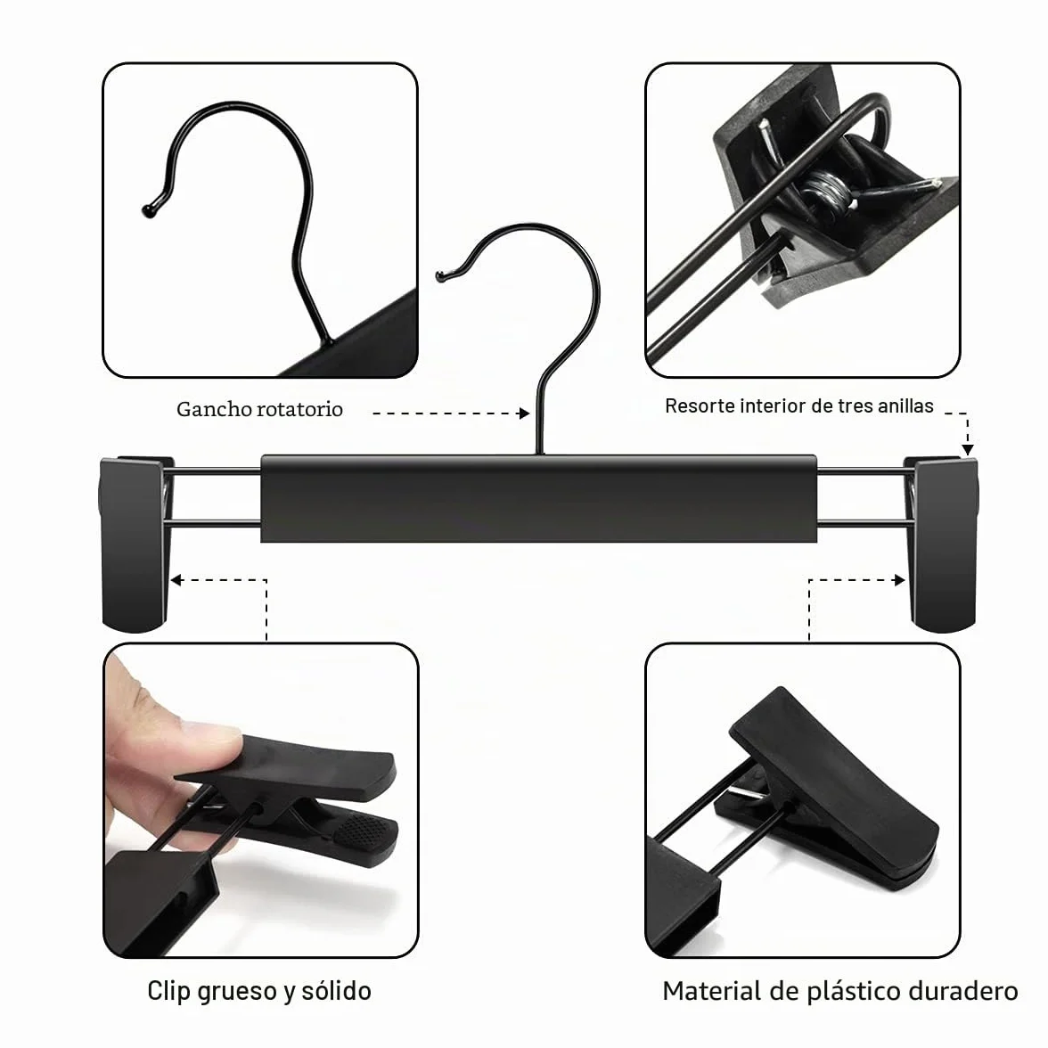 GUANJUNE Perchas para Pantalones Colgadores de Falda Ahorran Espacio Ganchos Giratorios 360° Clips Ajustables 10 Piezas Negro