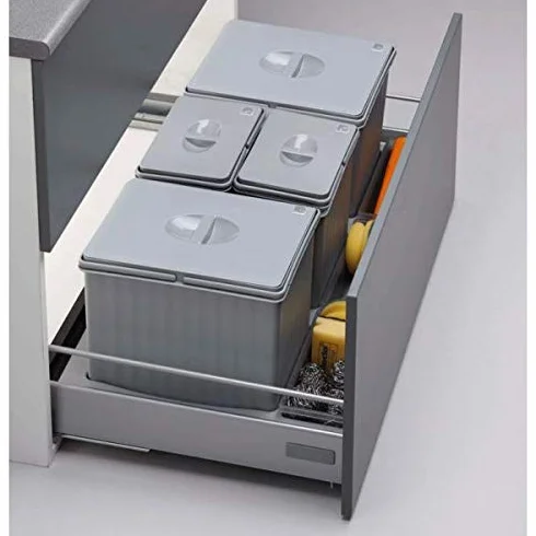 AZERODESIGN - Cubo de Reciclaje para Interior - 2 Cubos de 14L y 2 Cubos de 6,5L - Ancho Módulo 80-25x49x74 cm - Base Recortable en Anchura y Fondo - Color Gris - Material de Plástico PVC