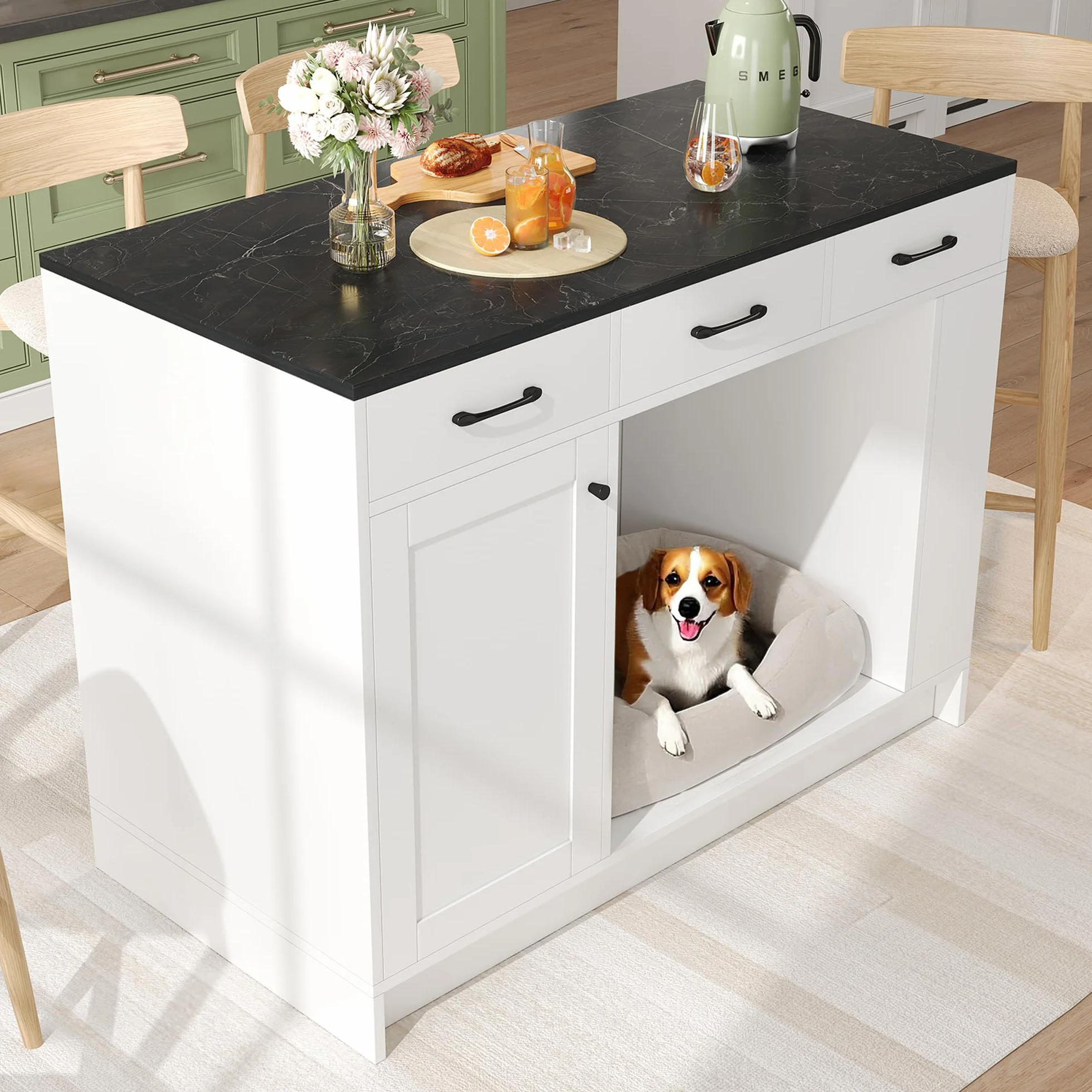 Soweiz Isla de cocina con cajón y estante para especias, blanco, 120 x 60 x 90 cm | Armario de cocina con zona para mascotas, carrito de cocina con zona de descanso para mascotas
