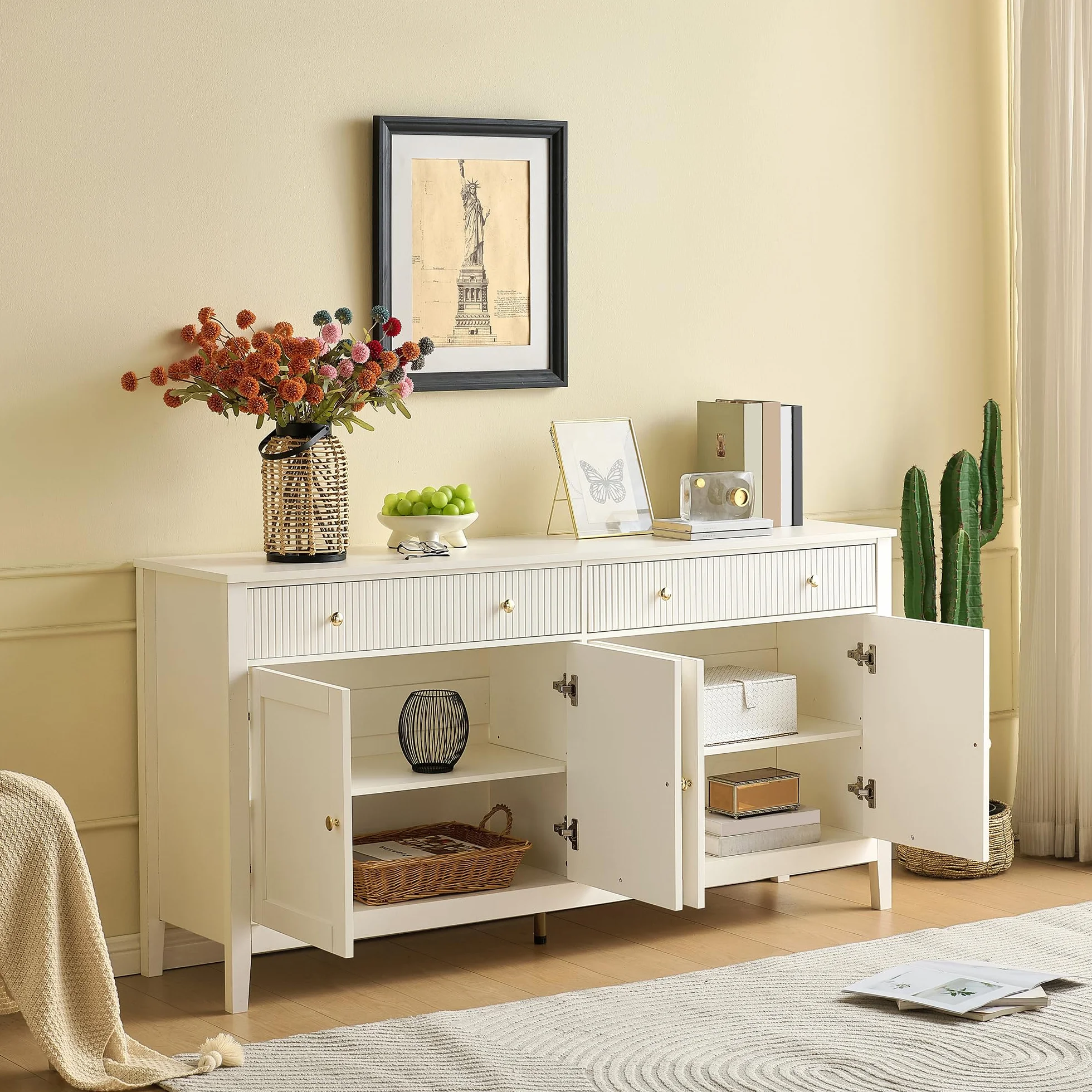 Aparador Blanco Elegante con 2 Cajones y 4 Puertas, Armario Cocina Aparadores para Salon con Estante y 5 Patas, Aparador Entrada Mueble Auxiliar Comedor, 160x40x82 cm, Blanco