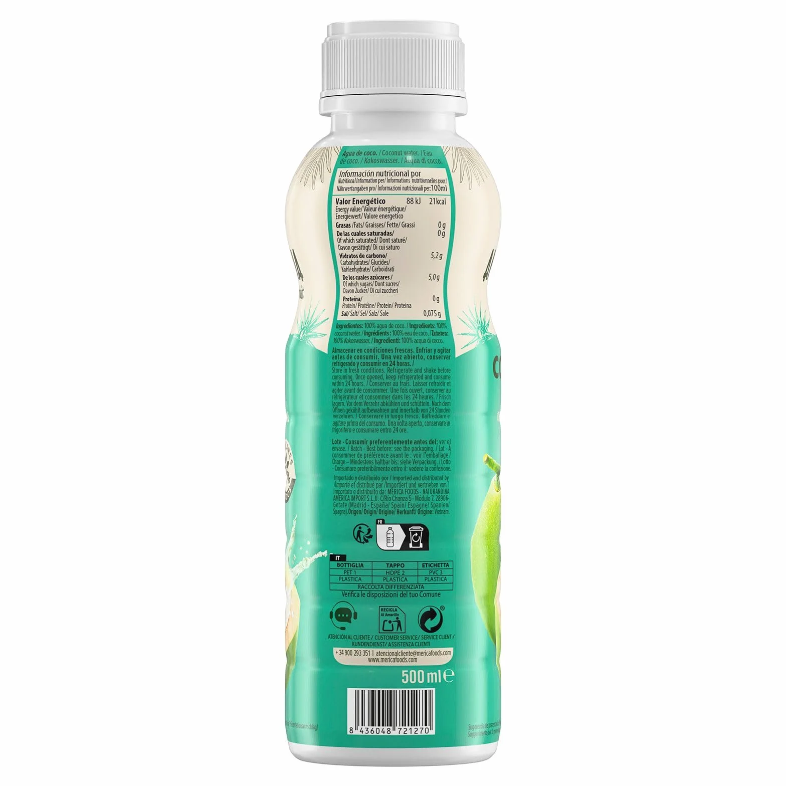 Amazonia Fruit Agua de Coco 100% Natural 12 x 500 ml, 0% Azúcares Añadidos