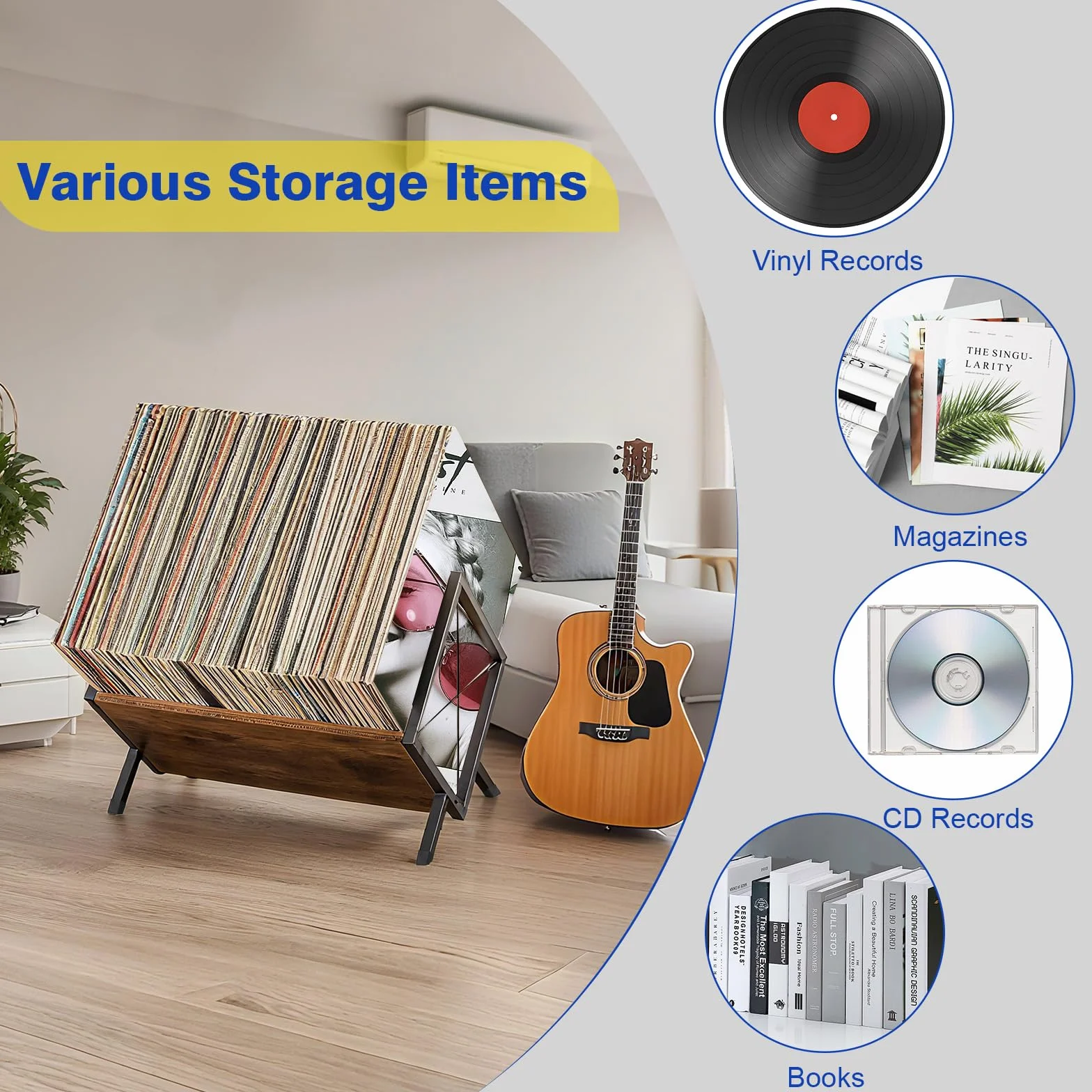 Estantería vinilos Soporte Vinilo 80-100 LPs Mueble Organizador Discos Madera Abrazadera Separadora Antideslizante