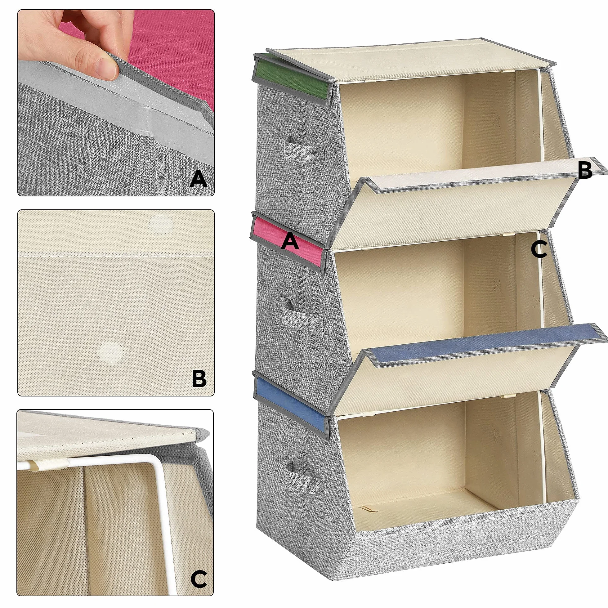 SONGMICS Caja Almacenaje Tela Infantil Plegable Juego 3 Apilables Asas Tapa Magnética Conejo Gato León Rosa Azul Verde Gris
