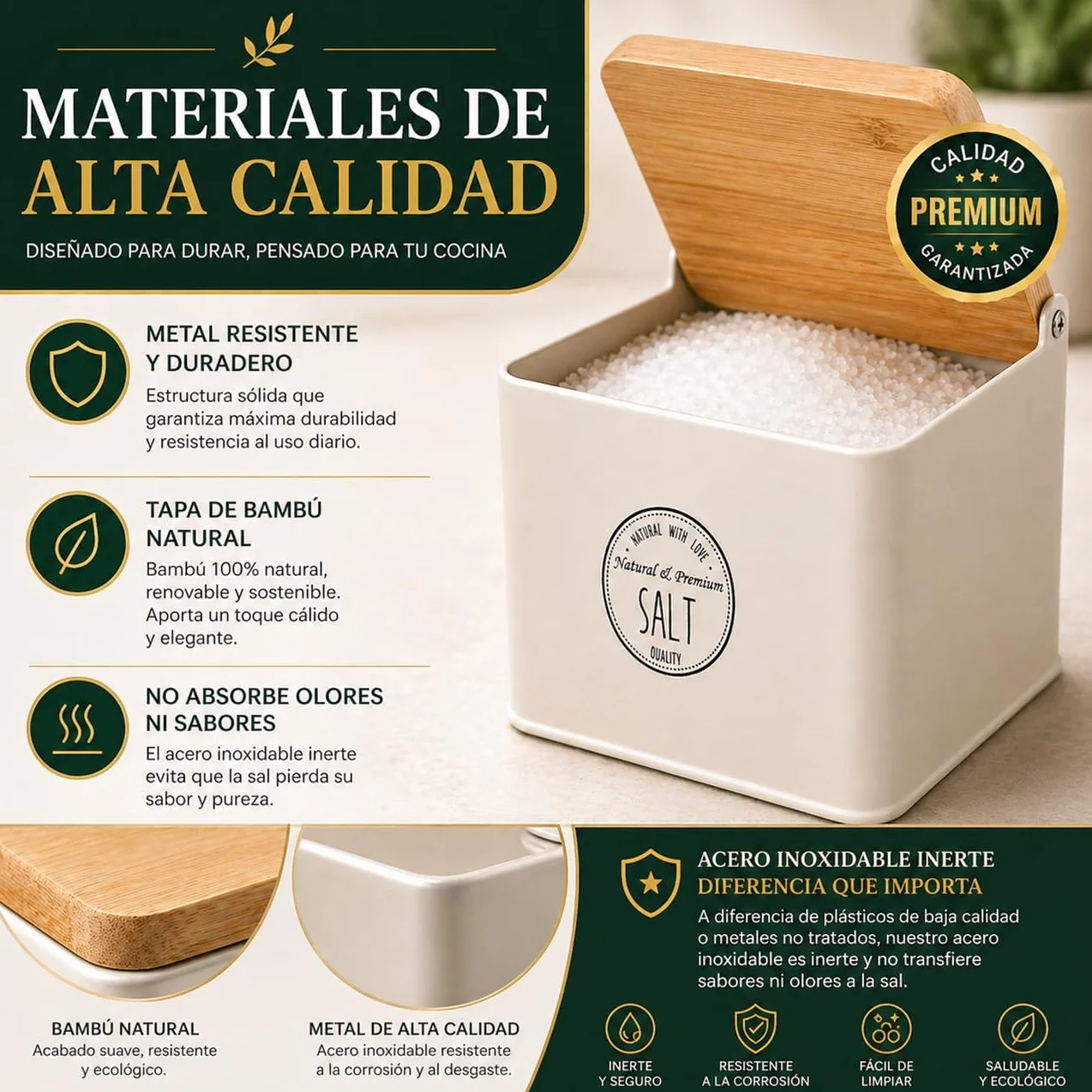 TIENDA EURASIA – Salero de Cocina con Tapa de Bambú | Recipiente para Sal | Diseño Moderno | 11x14x11 cm | Estructura Metálica | Tapa Abatible | Ideal para Cocina y Mesa (Crema)