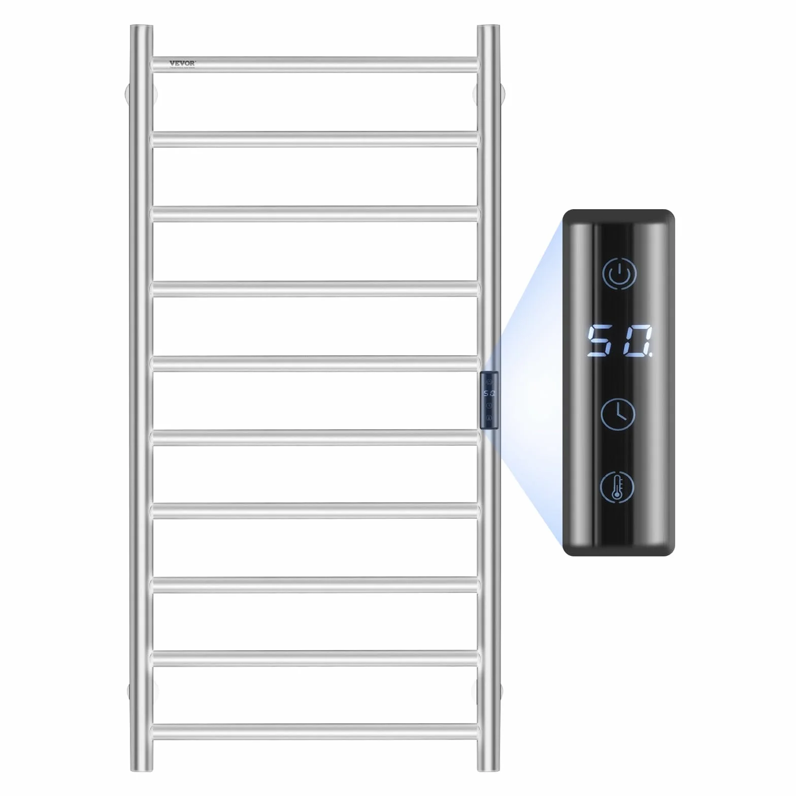 VEVOR Calentador de Toallas con Radiador Toallero con 10 Barras Calentador de Toallas Impermeable con Temporizador y Pantalla LED 5 Niveles de Temperatura Ajustables Montado en la Pared, Plata
