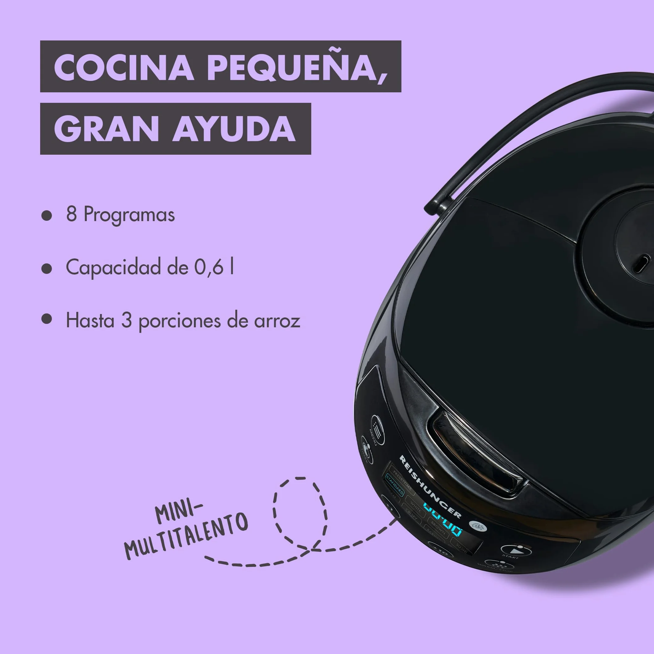 Reishunger Mini Olla Arrocera Eléctrica y Vaporera en Negro hasta 3 Personas (0.6 l) – Hervidor de Arroz con 8 Programas - Con Pantalla LED y Función Automática de Mantenimiento del Calor