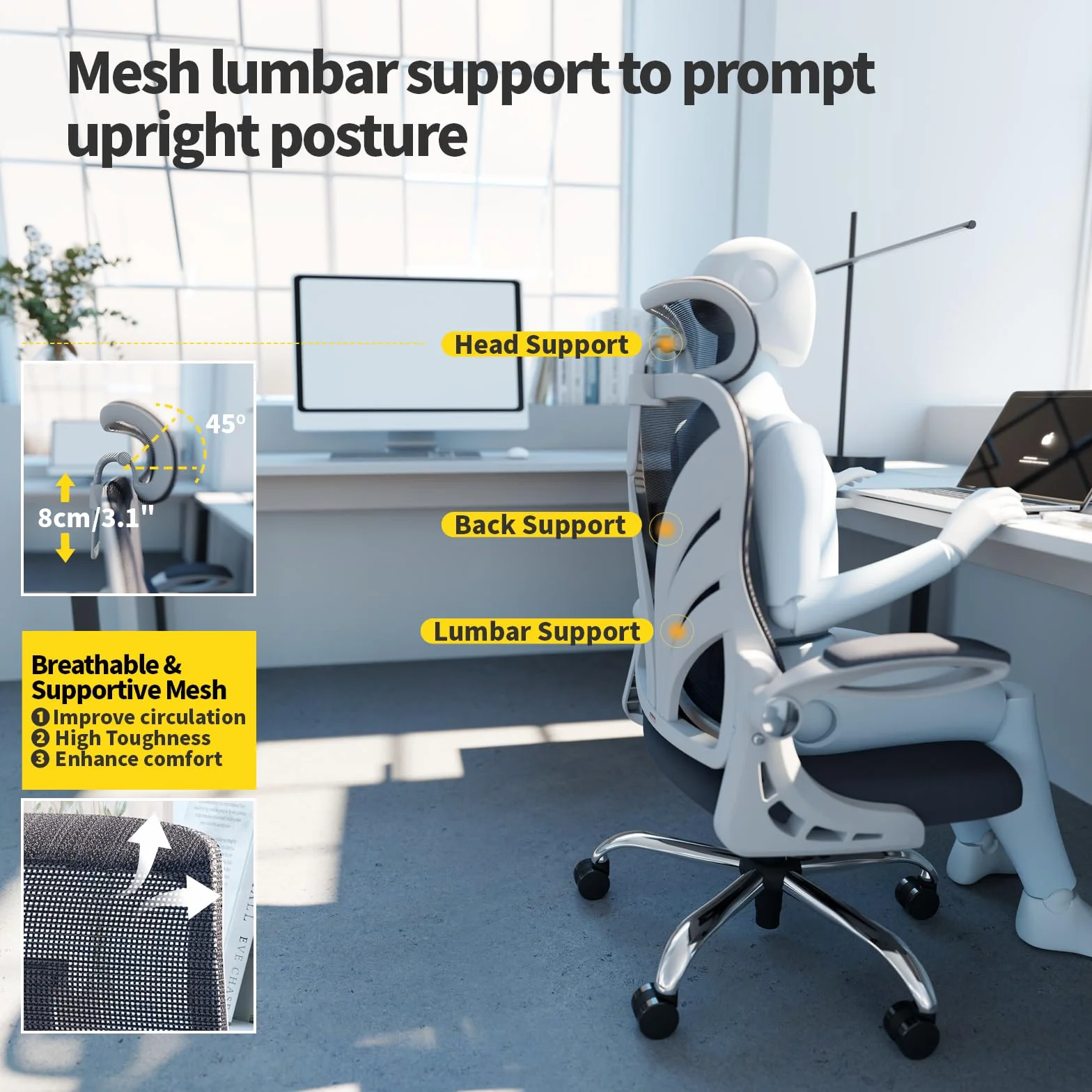 Silla Ergonómica de Oficina con Respaldo Plegable, Reposabrazos, Reposacabezas 2D y Soporte Lumbar, Giratoria Ejecutiva, Blanca