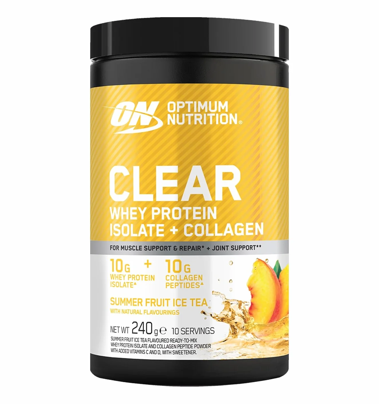 Optimum Nutrition Clear Whey + Colágeno, Té Helado Frutas de Verano, 240 g, 10 Porciones