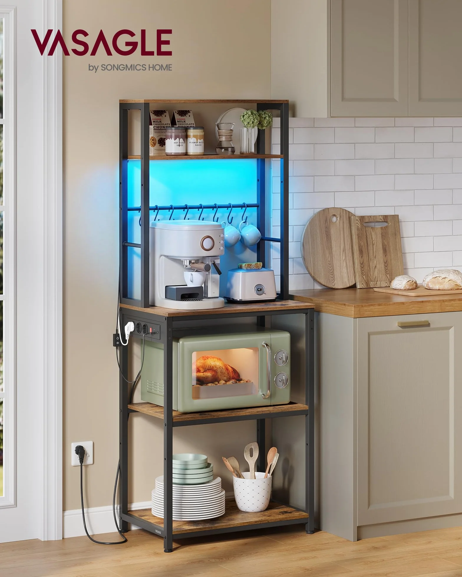 VASAGLE Estantería de Cocina con Iluminación LED, Estante para Microondas con Estantes Ajustables, 8 Ganchos, 40 x 60 x 168.4 cm, Marrón y Negro Mate