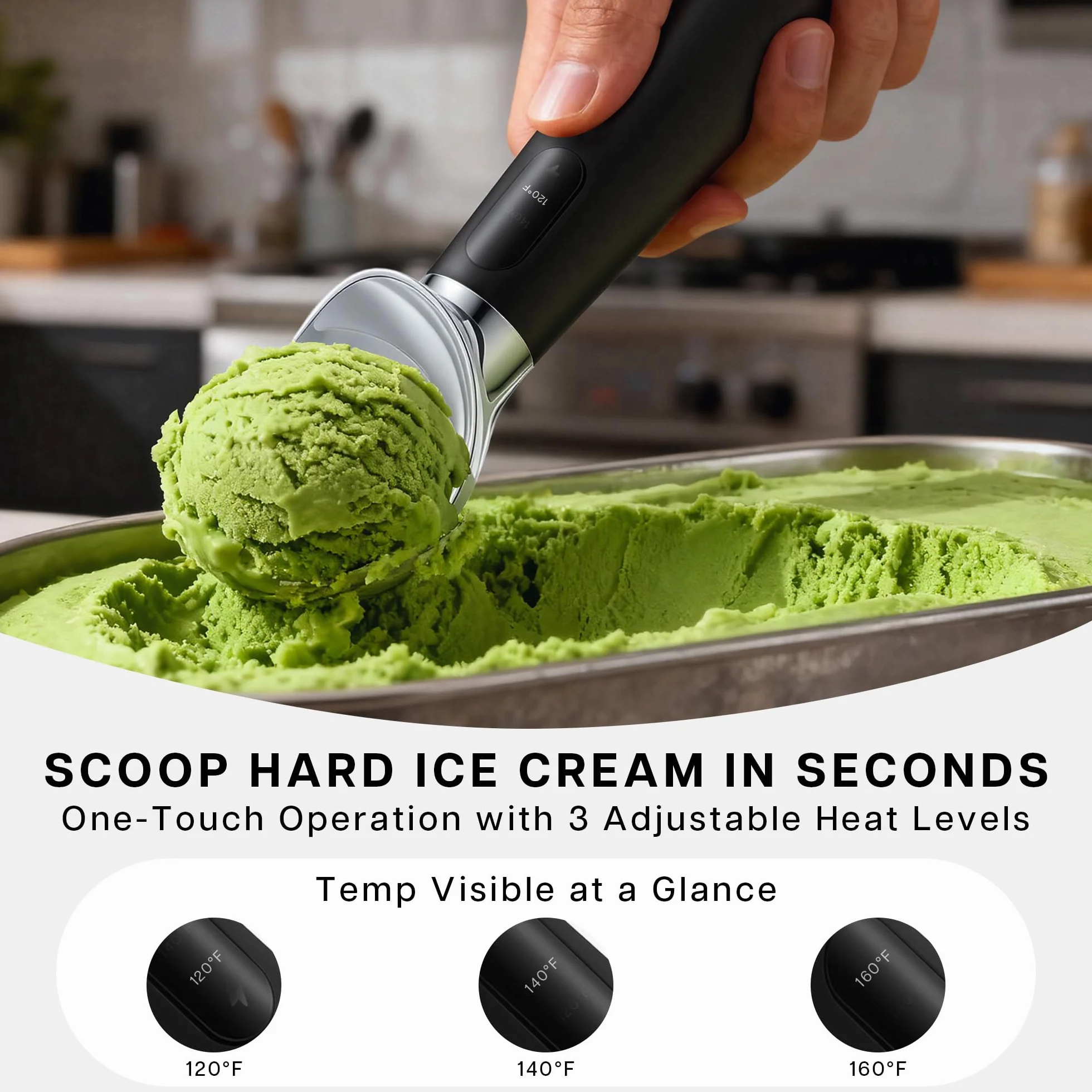 VRAIKO Cuchara de helado calentada 3 niveles de calor ajustables 50/60/70 °C LED 2600 mAh recargable para helado duro negro