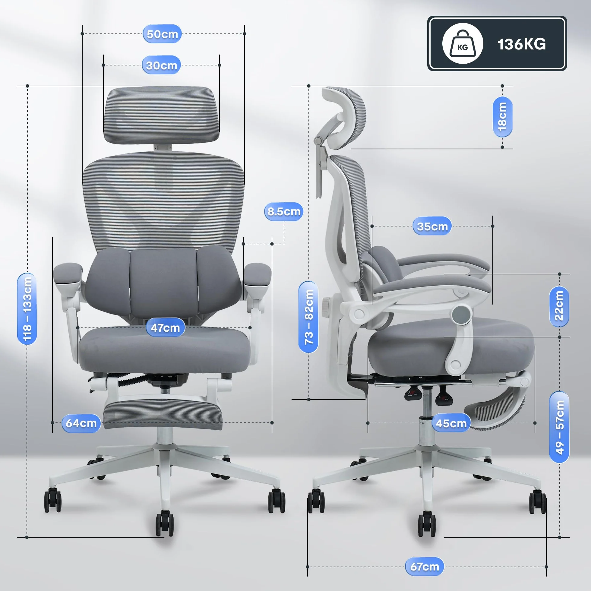 FLEXISPOT OC4 Silla Ergonomica Escritorio con Reposapiés, Silla Escritorio con Soporte Lumbar 3 Zonas, Reclinable 135°, Cojín Transpirable, Altura Ajustable, Ideal Oficina y Teletrabajo, Gris