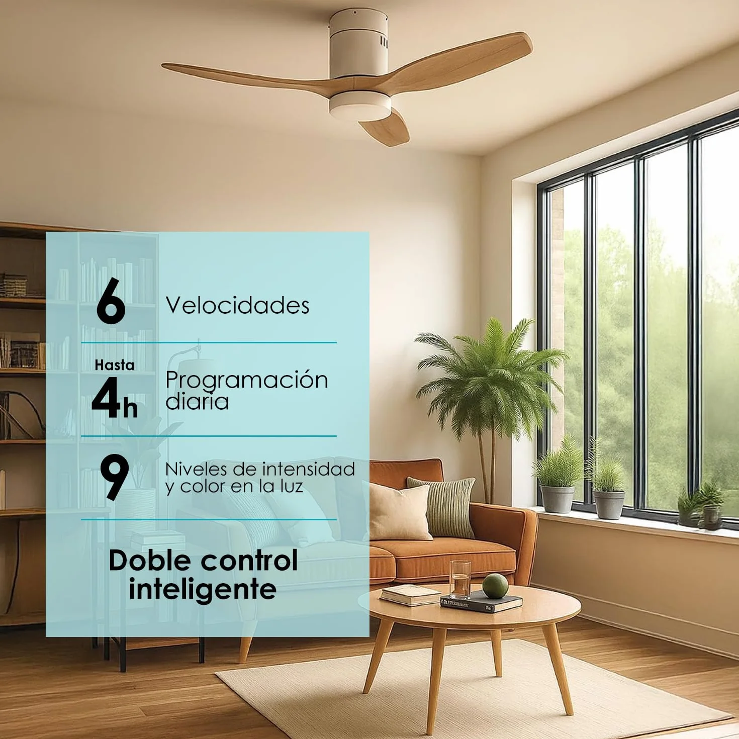 Daitsu Ventilador de Techo con Aspas de Madera Natural Velar | Función Verano/Invierno | 6 Velocidades | Luz Regulable | Control Wi-Fi App & Mando Inalámbrico (Ø107cm - Hasta 12m²)
