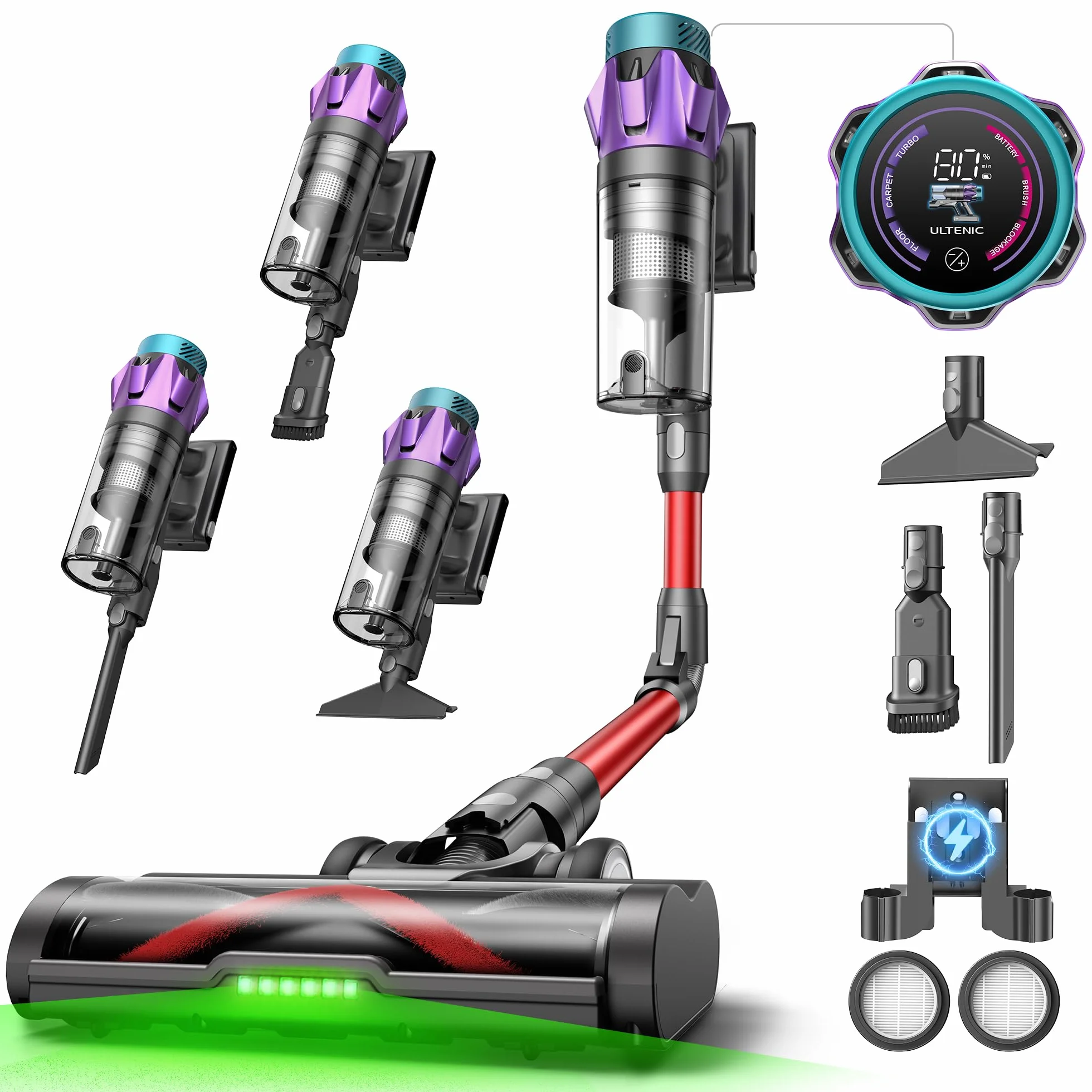 Ultenic U18Pro Aspiradora sin Cable 55Kpa/80Mins Sistema Multiciclón Display Tiempo Restante Limpieza sin Agacharse Anti-enredos Pelo Mascotas Alfombras