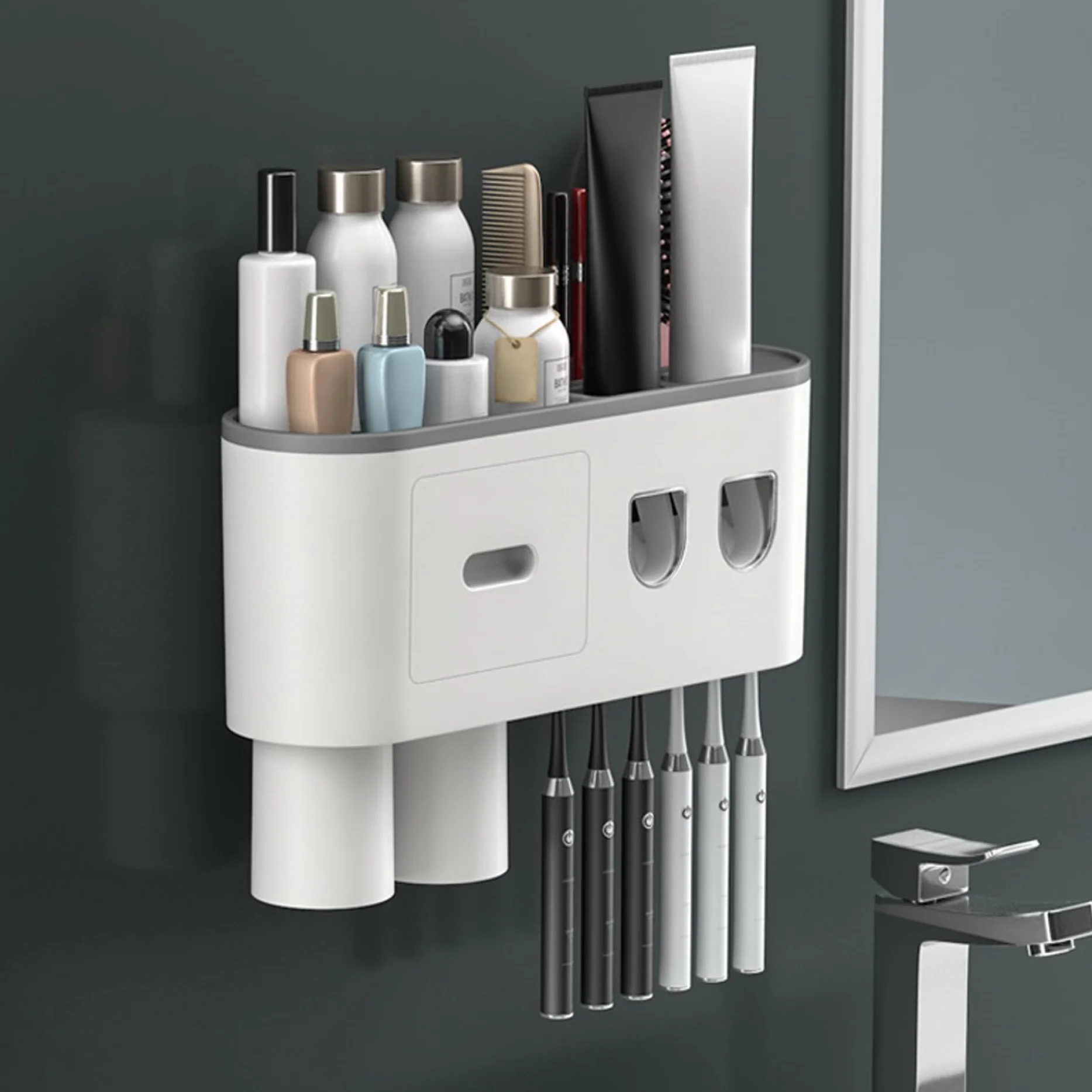 Soporte for cepillos de Dientes montado en la Pared, dispensador automático de Pasta de Dientes, Organizador de baño sin Taladro for Almacenamiento en la encimera,