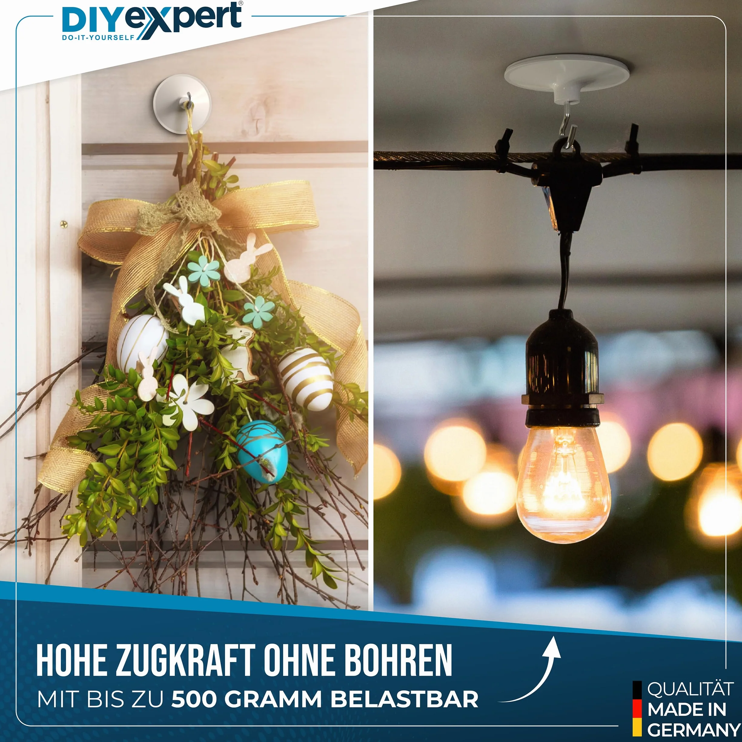 DIYexpert Ganchos de techo autoadhesivos, fabricados en Alemania, con gancho, 4 unidades, ganchos adhesivos para el techo extrafuertes, ganchos de pared sin taladrar