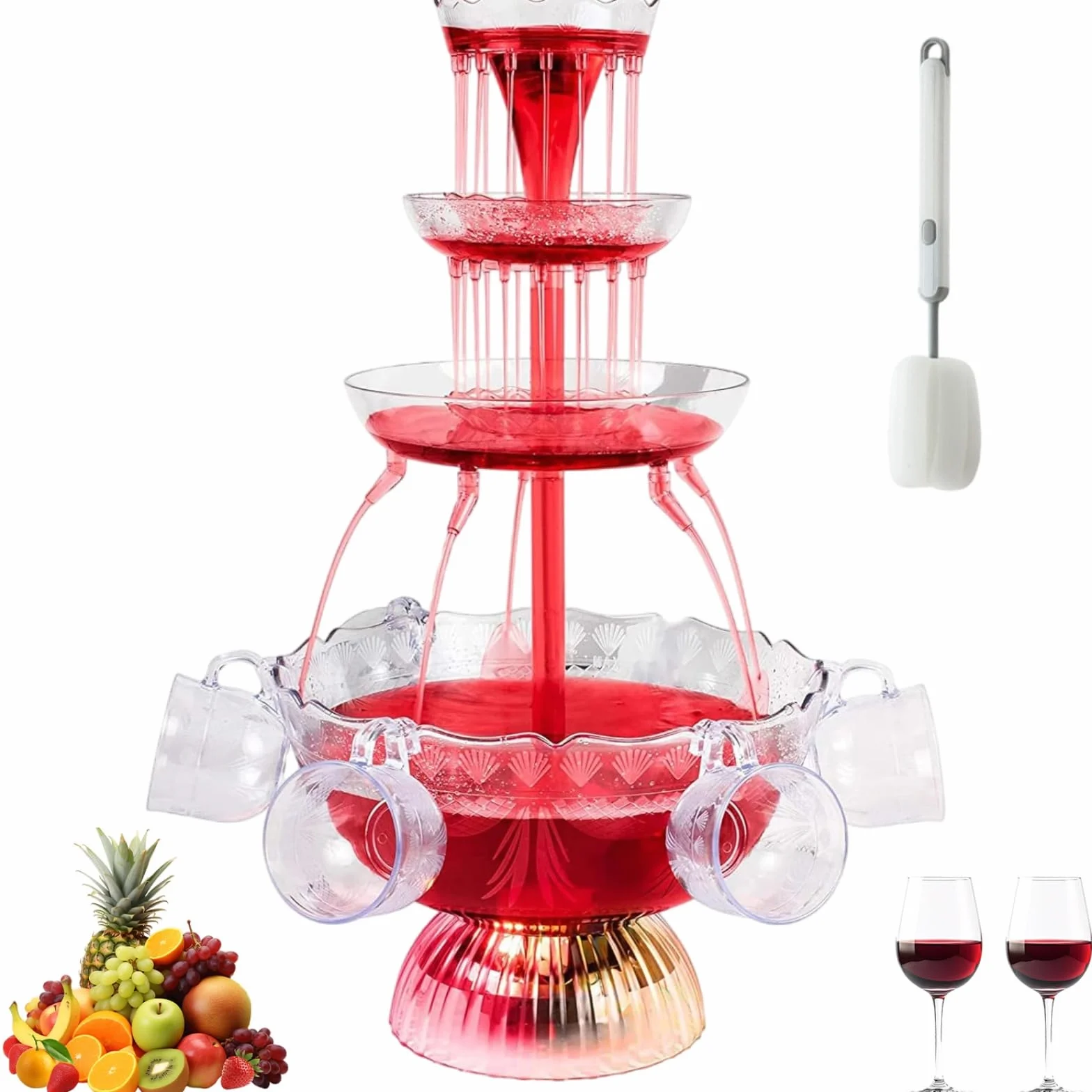 Fuente de Fiesta Transparente de 3 Niveles, Máquina de Fuente de Vino | 5 Vasos Reutilizables y 1 Cepillo, Base LED, Torre de bebidas para Pubs, Fiestas en Casa y Fiestas de Cumpleaños