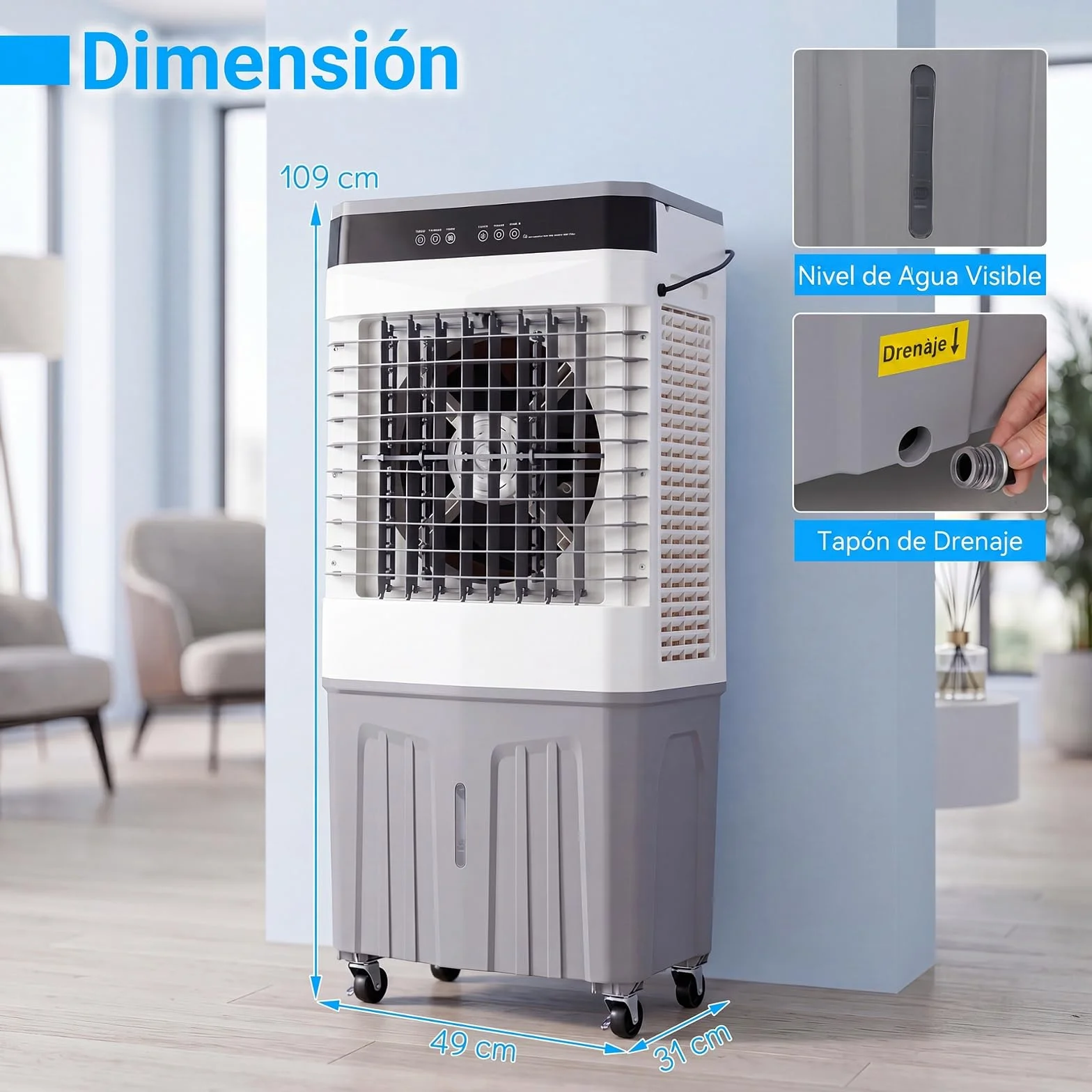 COSTWAY 3 en 1 Climatizador Evaporativo, Enfriador de Aire Portatil con 3 Velocidades, 2 Modos, 12H Temporizador, Ventilador con Ruedas, Oscilación de 70º/90° y Cubetas de Hielo (49 x 31 x 109 cm)