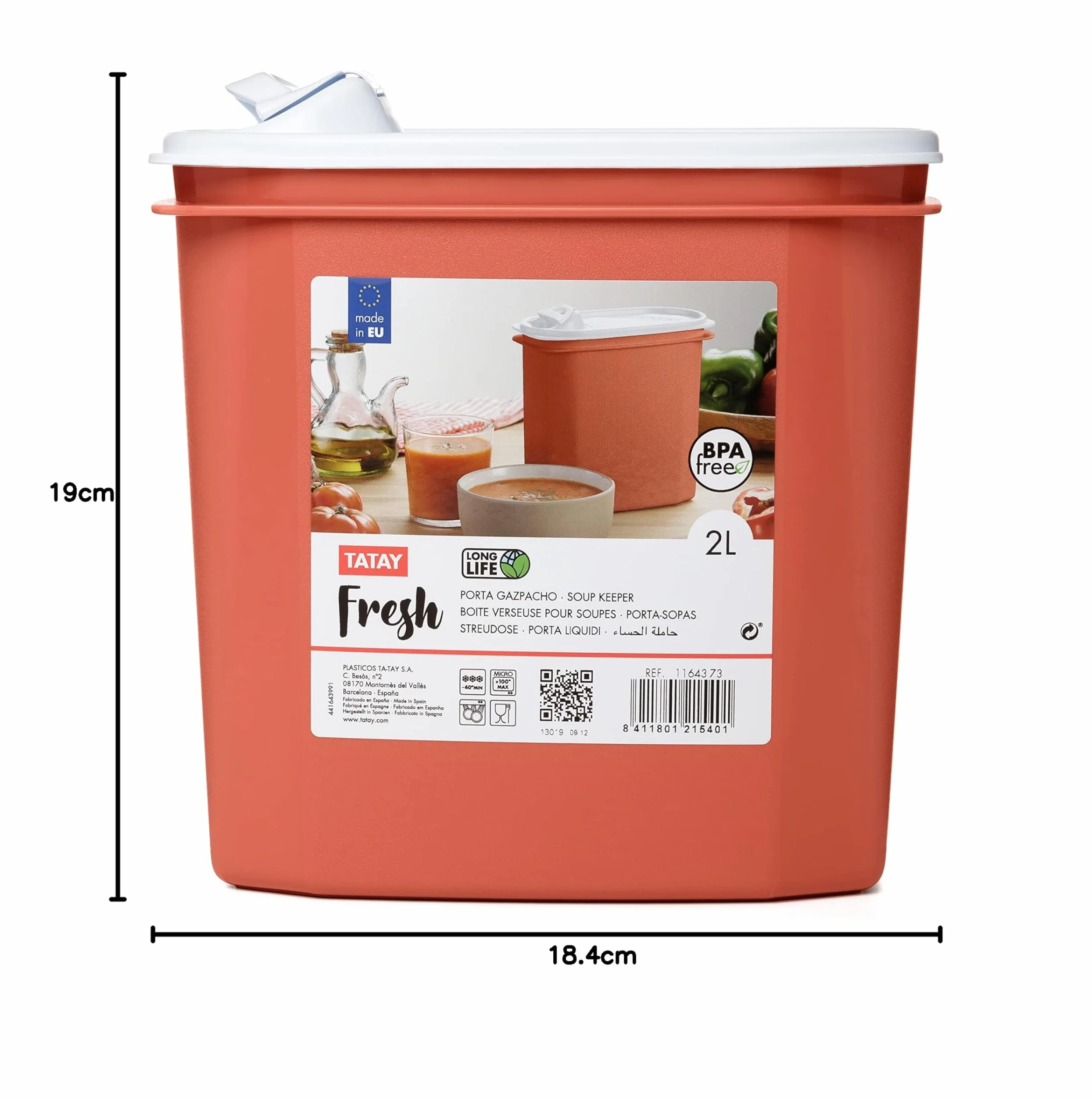 Tatay Porta Gazpacho 2L Tapa a Presión Top Flex con Vertedor, Jarra Para Gazpacho, Apto Microondas, Lavavajillas, Nevera, Congelador, Plástico Libre de BPA, 18,4x9,7x19 cm, Naranja