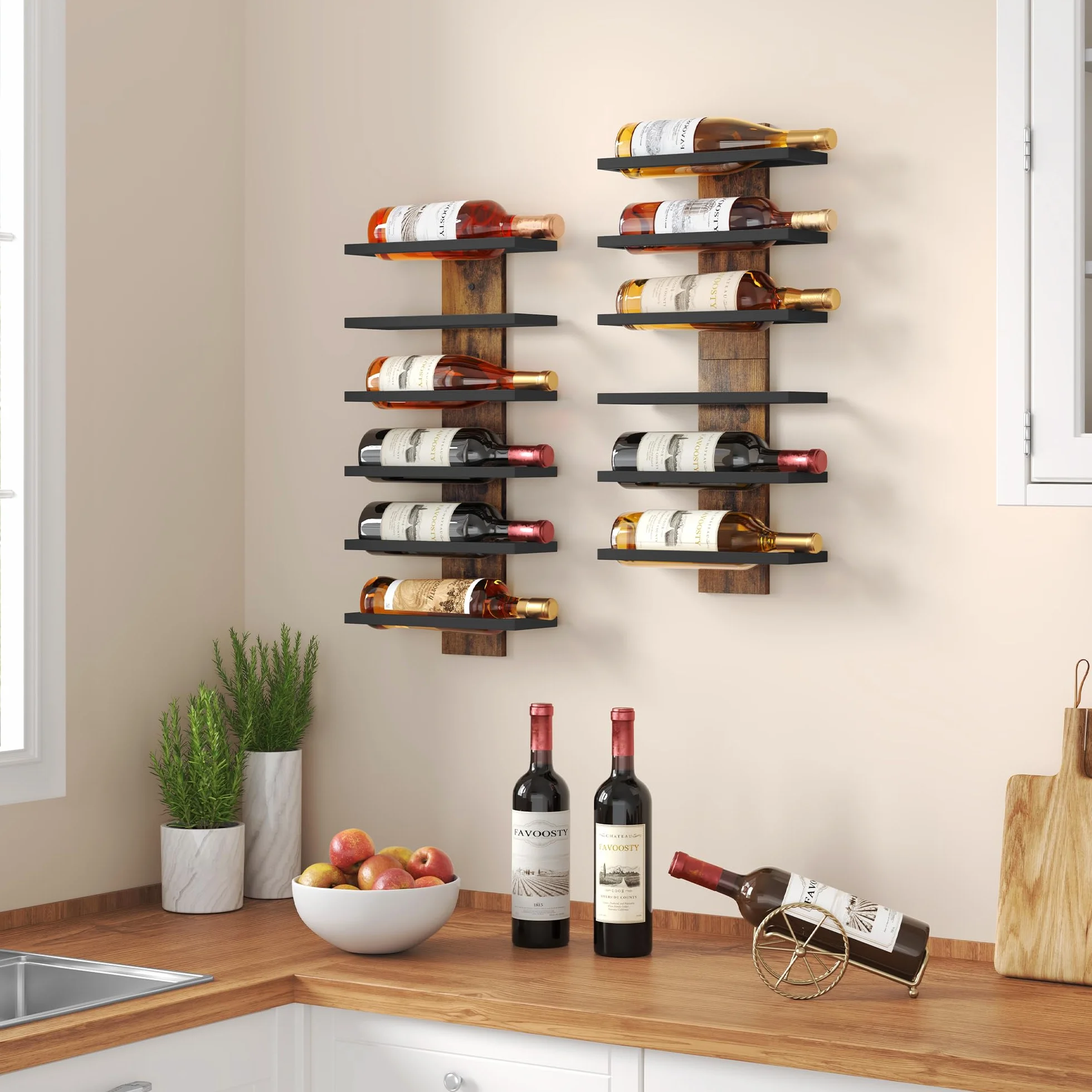 FAVOOSTY Botellero Pared 1 Set, Botellero Vertical, Estante para Botellas con 6 Niveles, 6 Botellas de Vino, Soporte para Botellas, Estante de Metal para Botellas de Vino, para Comedor, Bodega, Negro