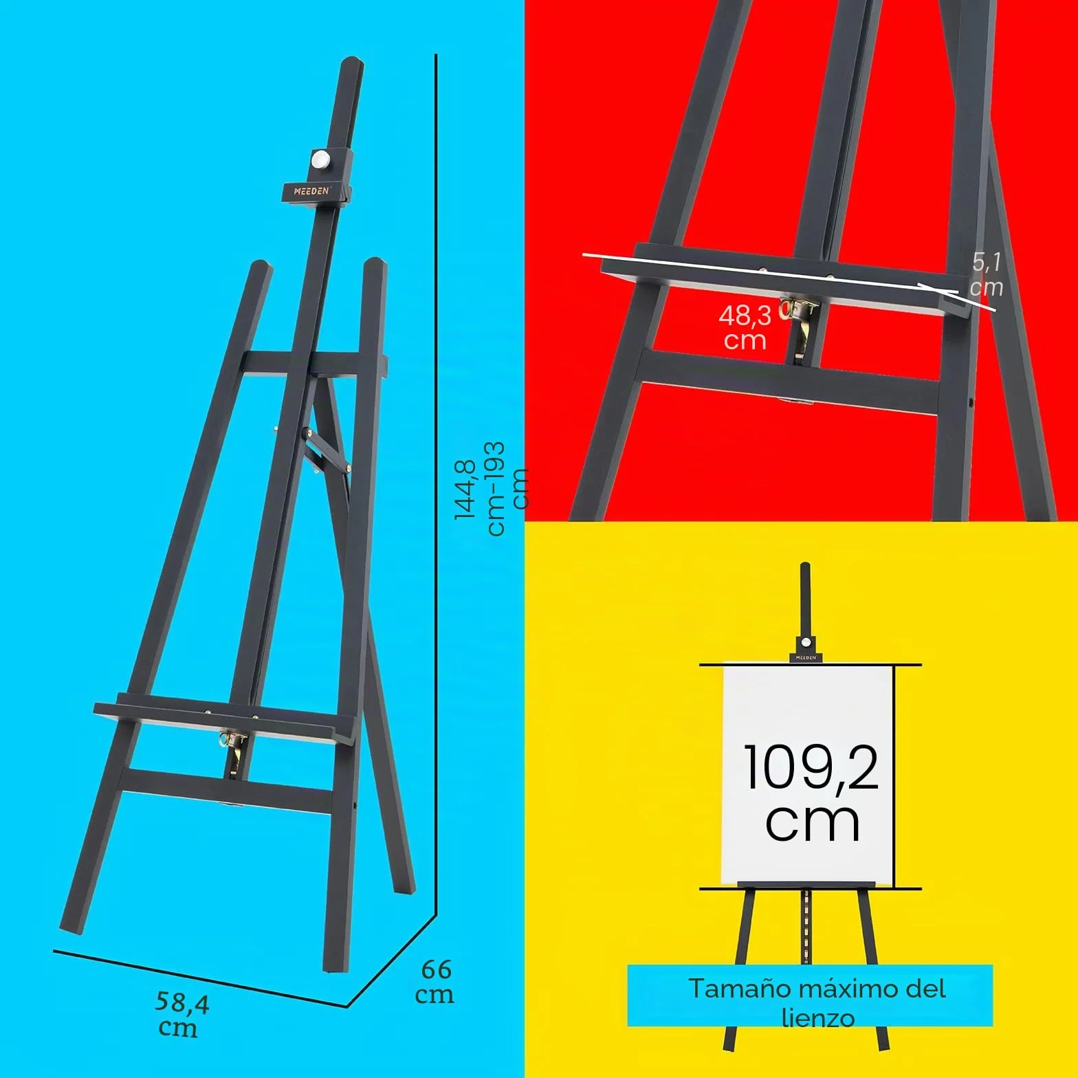 MEEDEN Grande Caballete Pintura de Madera: Regulable 145-193 cm H,Sujeta lienzos de hasta 109 cm, Profesional Caballete de Estudio para Niños y Adultos, Negro