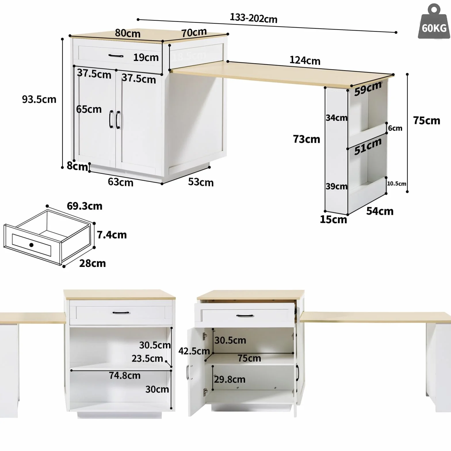 YEHTOKHOME Isla Central Cocina con ruedas y almacenamiento, mesa de comedor extensible 133-202 cm, aparador cocina con 2 cajones, estantes laterales, mesa de bar (blanco-2)