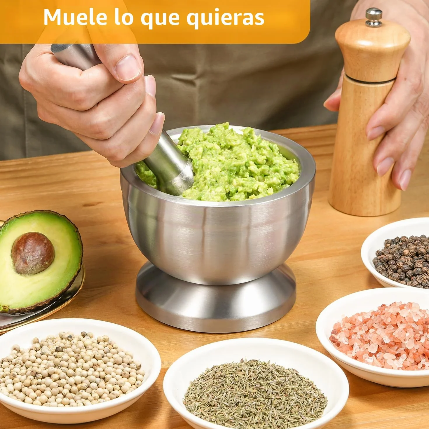 Sopito Mortero con mortero, 380 ml, de acero inoxidable, con tapa, cepillo, base antideslizante para moler hierbas, especias, píldoras, 11,7 cm de diámetro