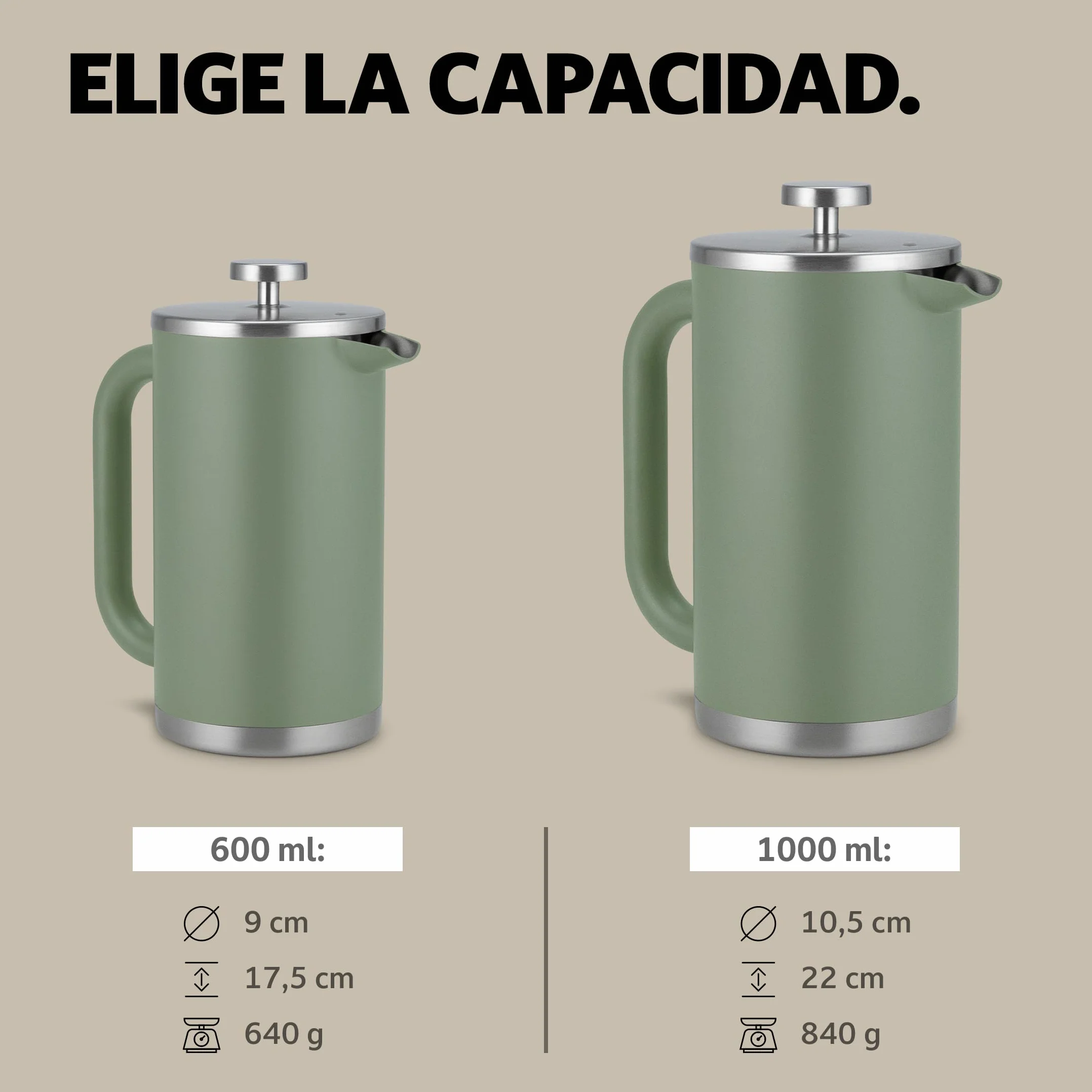 Campo Libre.® GIORGIO – Cafetera Francesa de Acero Inoxidable, Doble Pared Aislada, Sin Plástico – Prensa Francesa Térmica con Filtro Extra – Apta para Lavavajillas – Verde. 600ml